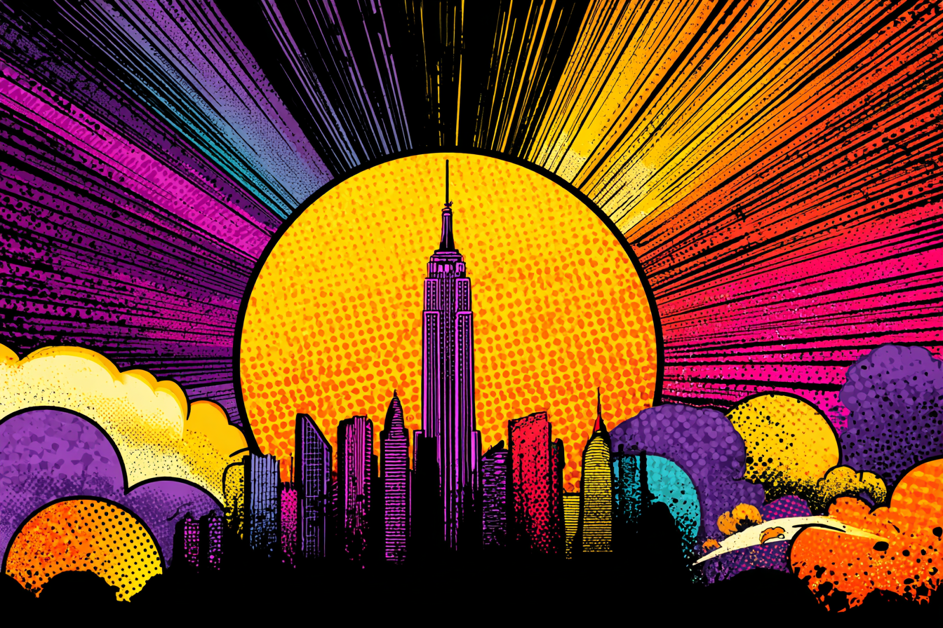 PopArt Stadtsilhoütte Im Popart Stil Empirestate Gebaeude Mit Sonnenhintergrund | Pop Art | Stilrichtungen
