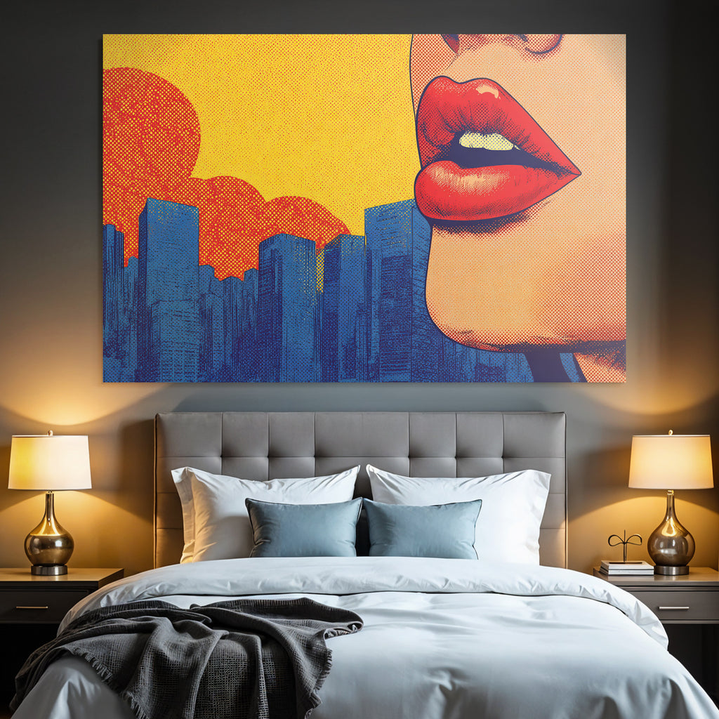 PopArt Stilisierte Damenlippen Stadt Sonnenuntergang