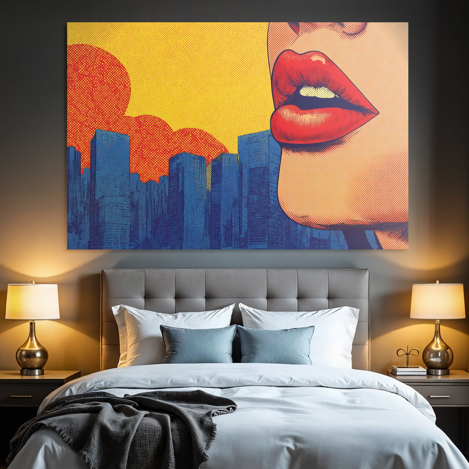 PopArt Stilisierte Damenlippen Stadt Sonnenuntergang