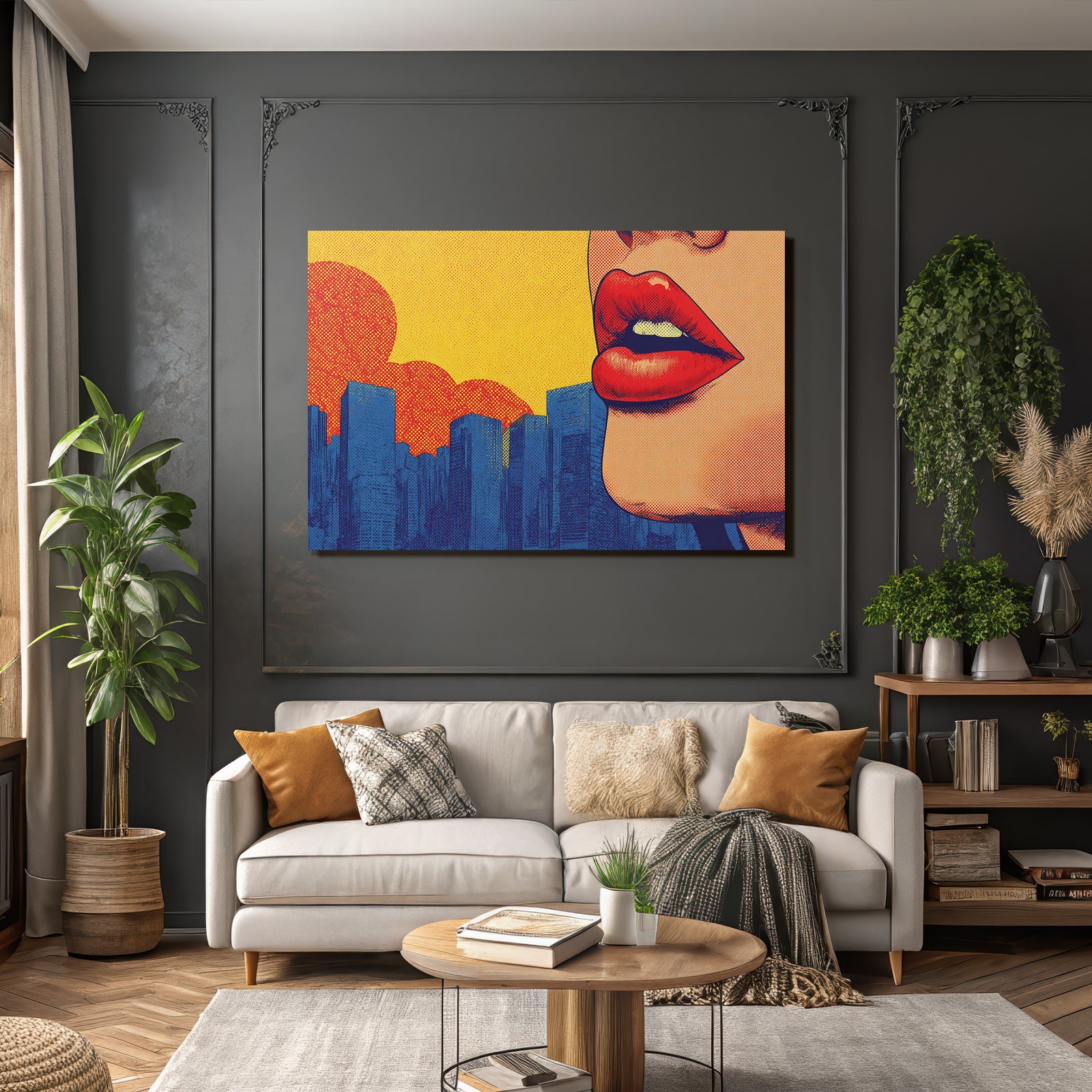 PopArt Stilisierte Damenlippen Stadt Sonnenuntergang