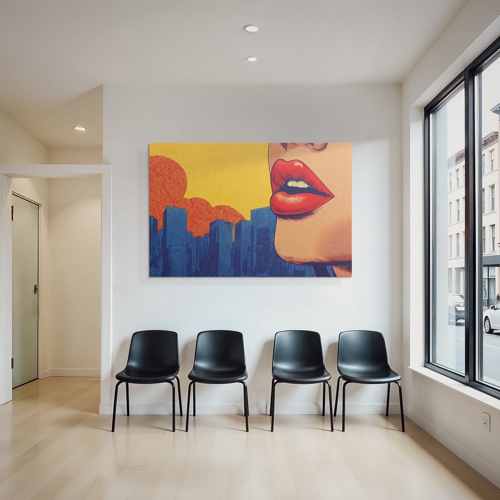 PopArt Stilisierte Damenlippen Stadt Sonnenuntergang