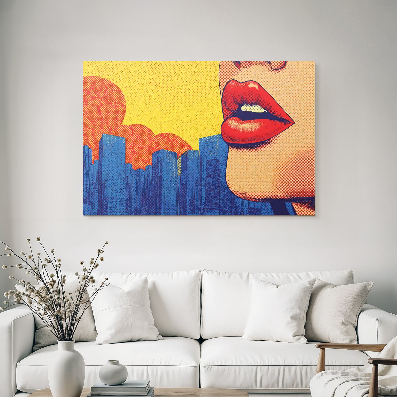 PopArt Stilisierte Damenlippen Stadt Sonnenuntergang