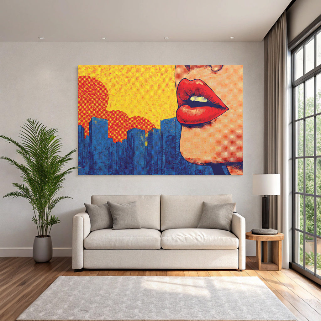 PopArt Stilisierte Damenlippen Stadt Sonnenuntergang