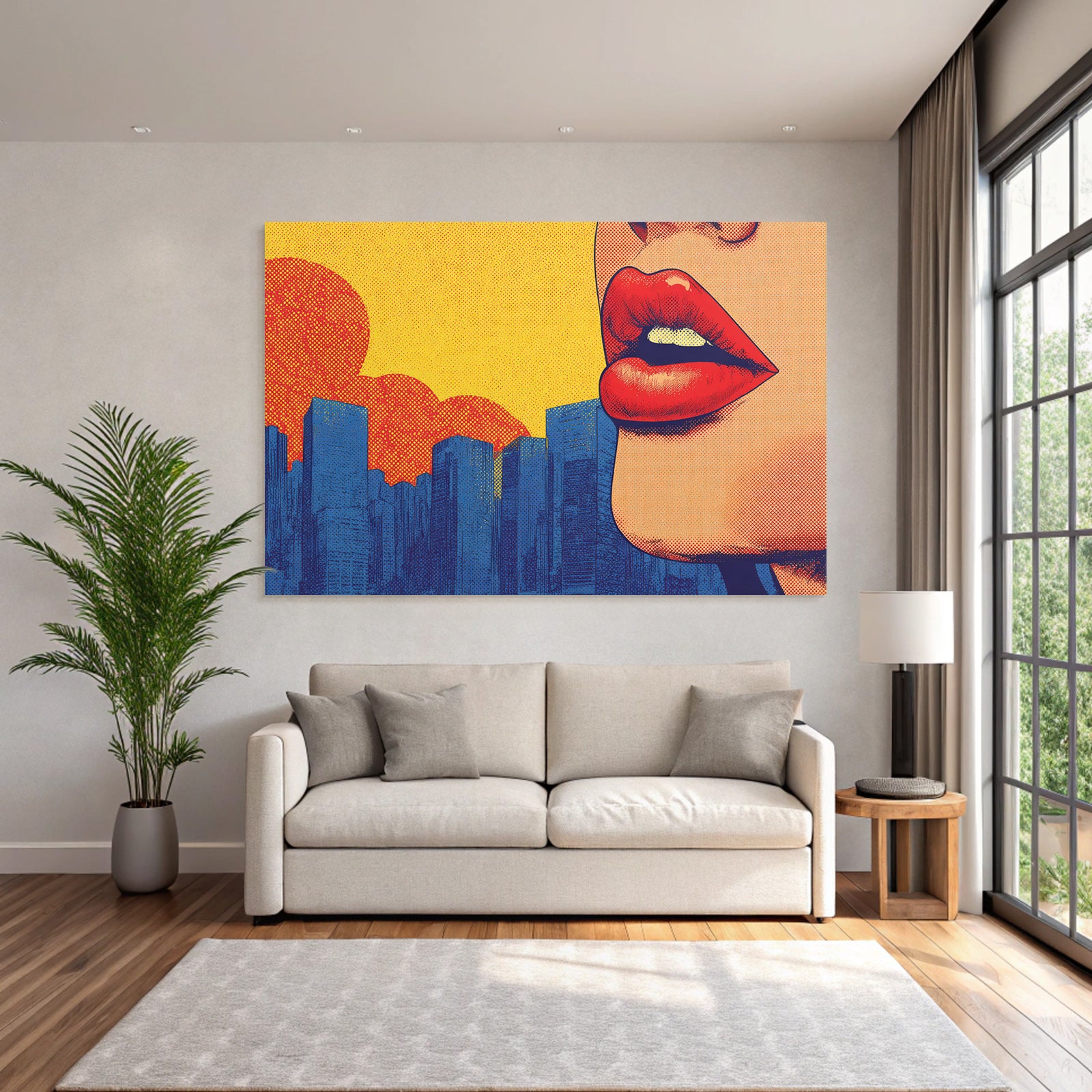 PopArt Stilisierte Damenlippen Stadt Sonnenuntergang