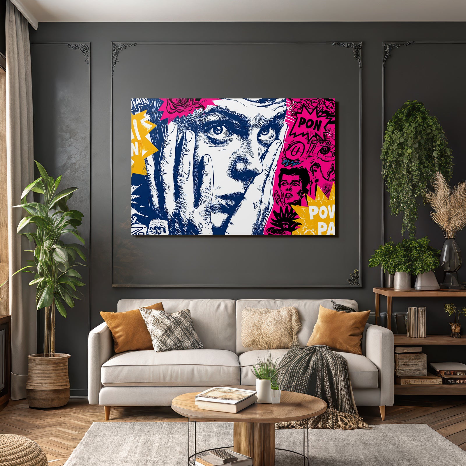 PopArt Verstaunt Nachdenklich Gesicht Mit Händen Auf Den Wangen Inspiration