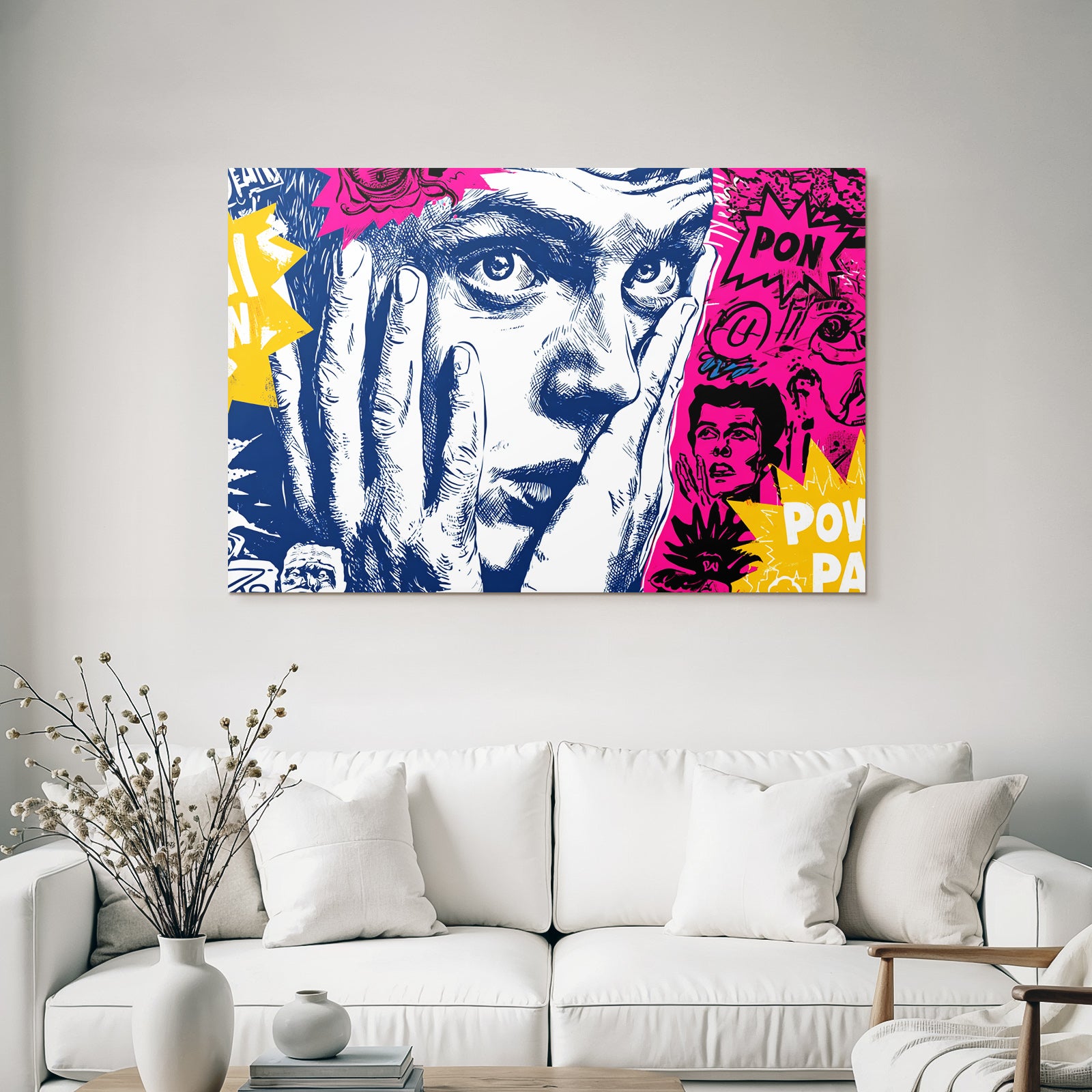 PopArt Verstaunt Nachdenklich Gesicht Mit Händen Auf Den Wangen Inspiration