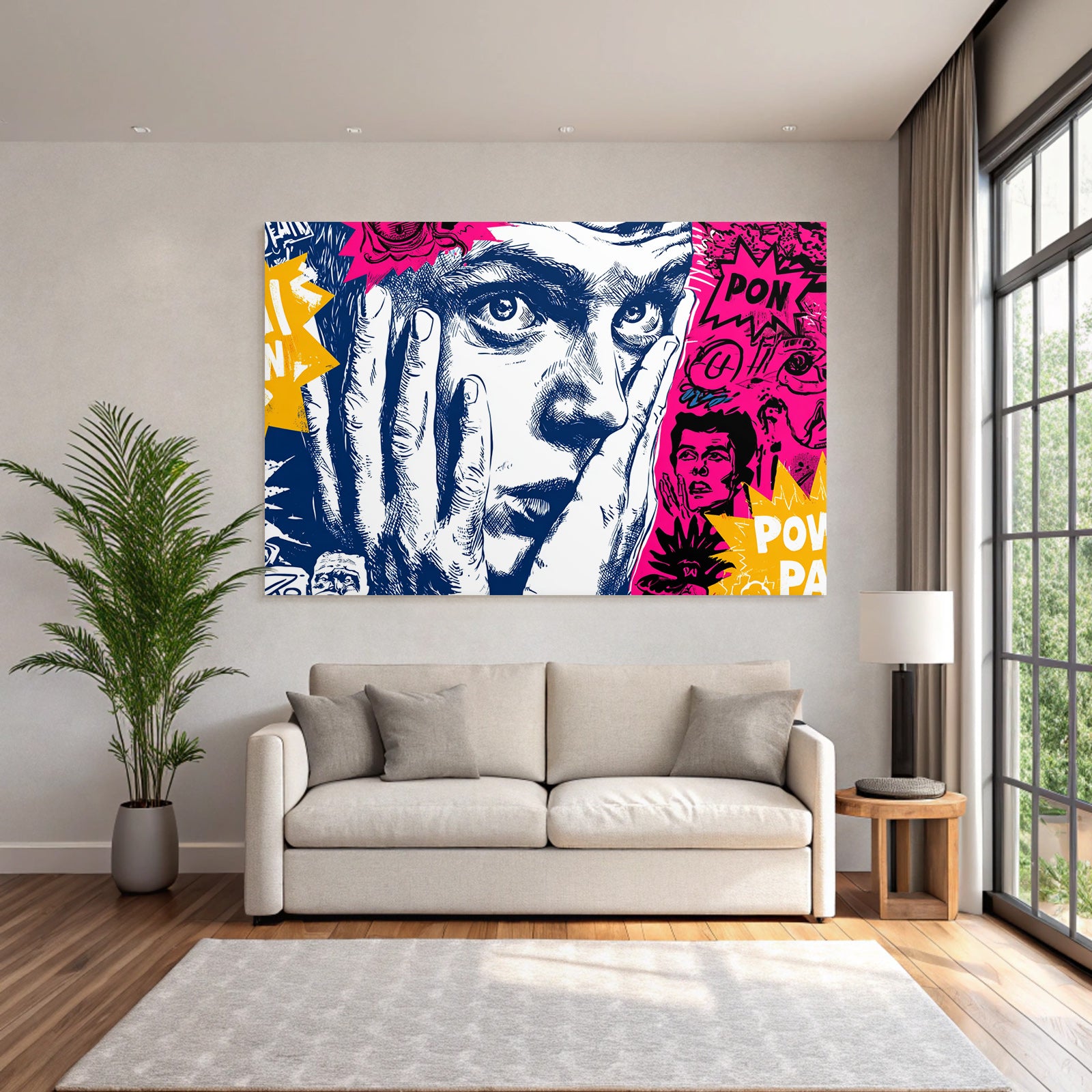 PopArt Verstaunt Nachdenklich Gesicht Mit Händen Auf Den Wangen Inspiration