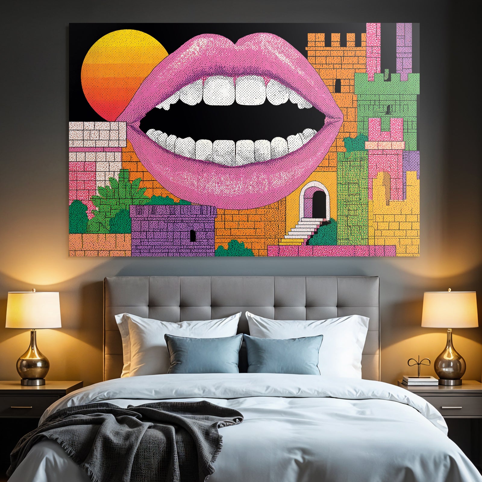 PopArt Vibrante Grafik Offener Mund Abstrakte Burgstrukturen Grosse Sonne
