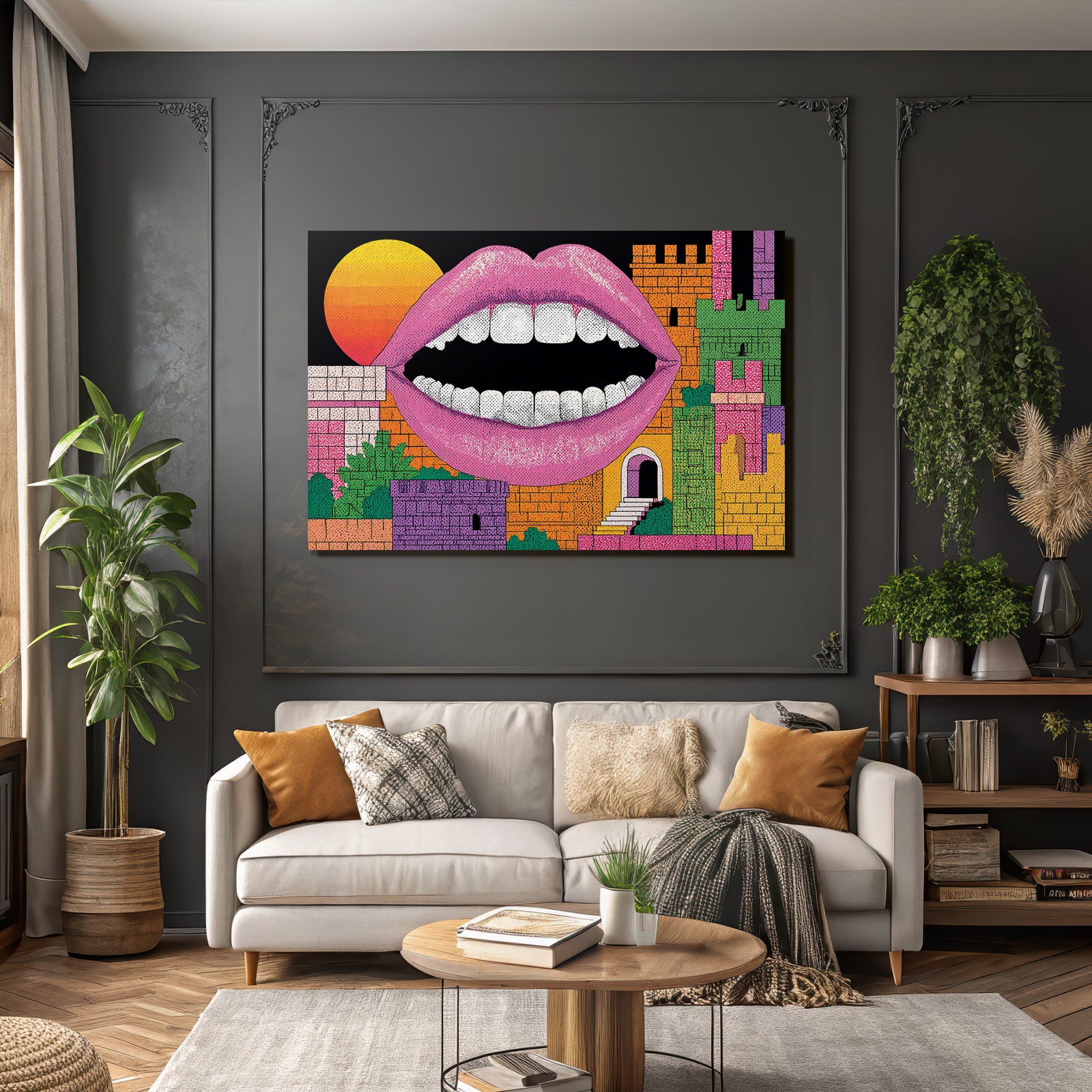PopArt Vibrante Grafik Offener Mund Abstrakte Burgstrukturen Grosse Sonne
