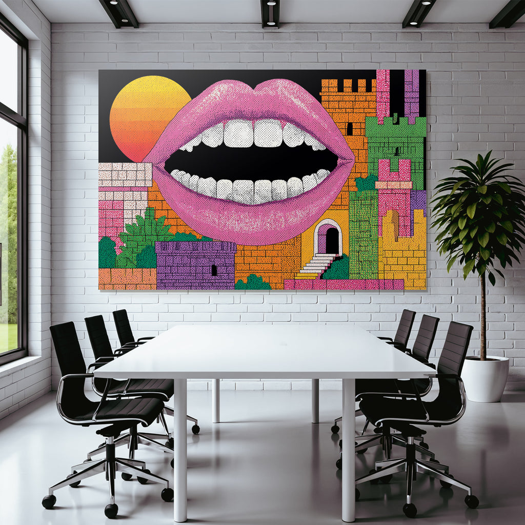 PopArt Vibrante Grafik Offener Mund Abstrakte Burgstrukturen Grosse Sonne