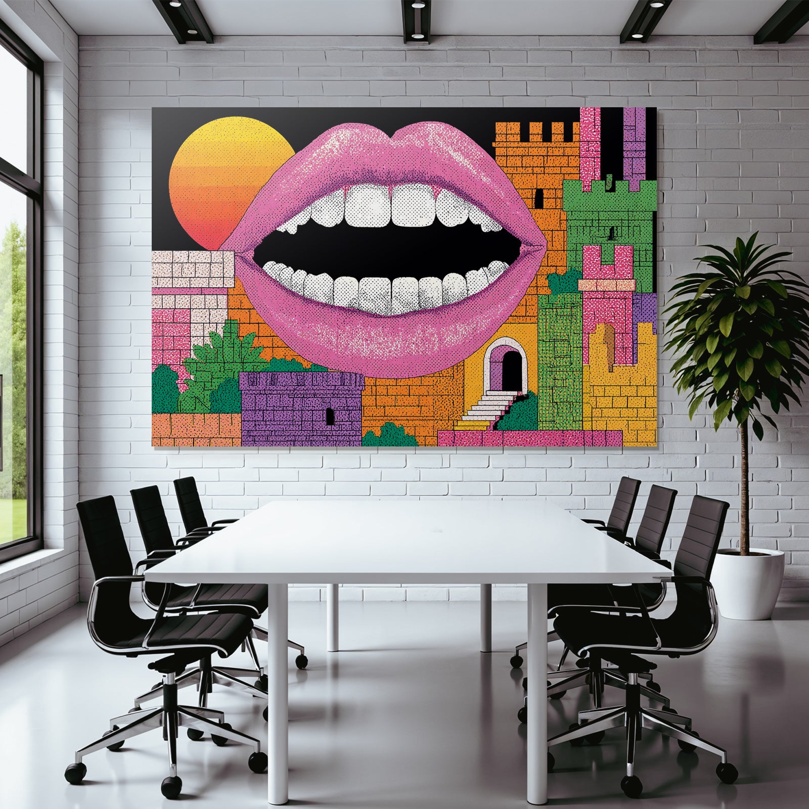 PopArt Vibrante Grafik Offener Mund Abstrakte Burgstrukturen Grosse Sonne