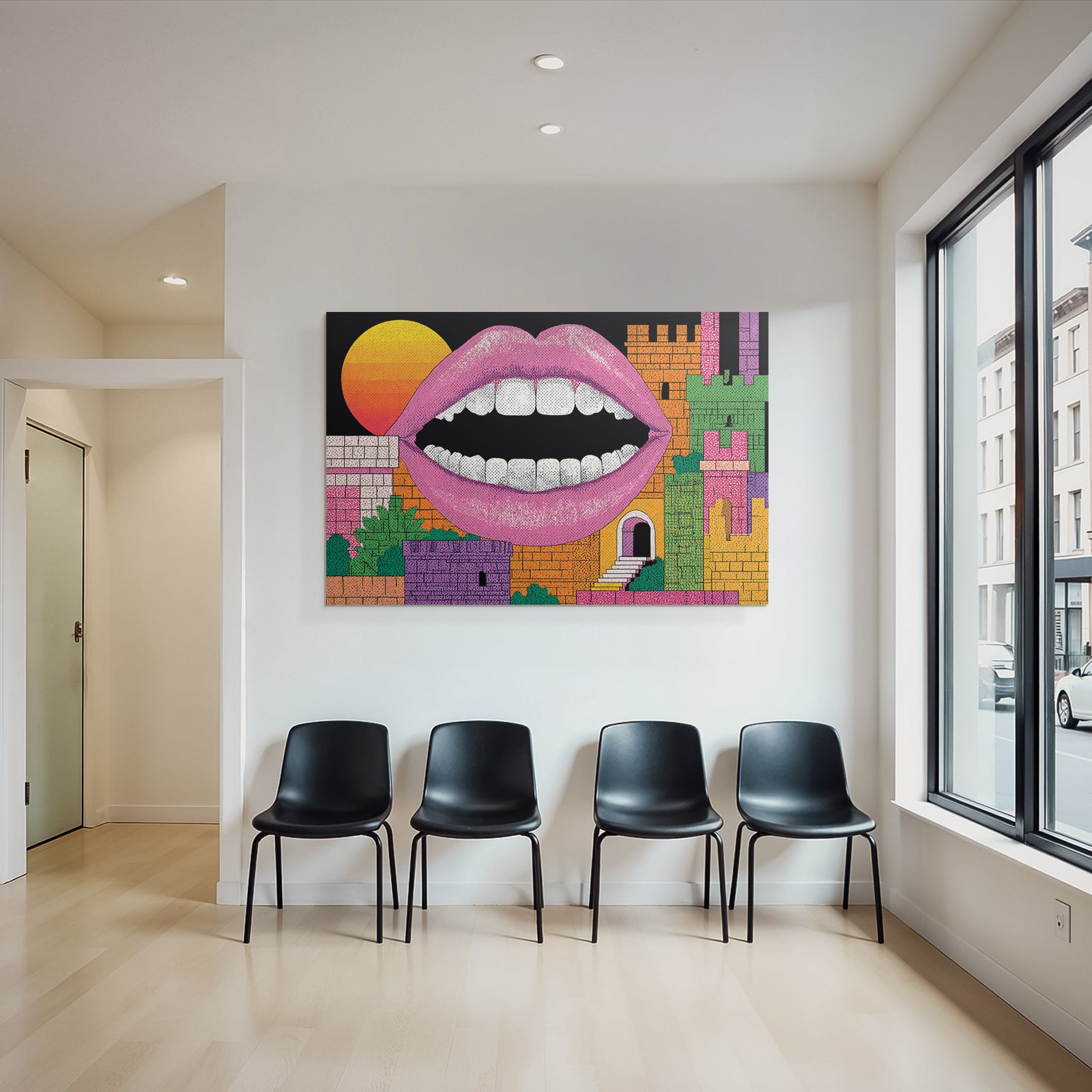 PopArt Vibrante Grafik Offener Mund Abstrakte Burgstrukturen Grosse Sonne