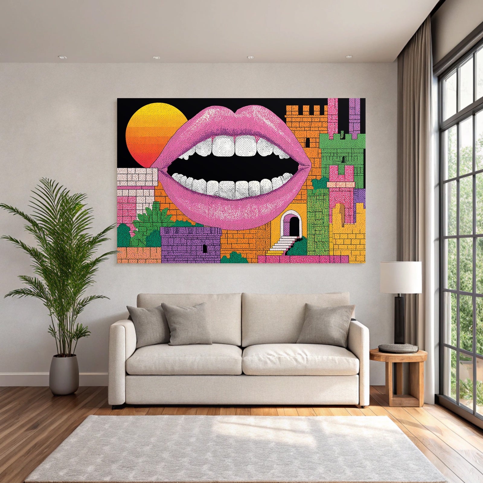 PopArt Vibrante Grafik Offener Mund Abstrakte Burgstrukturen Grosse Sonne