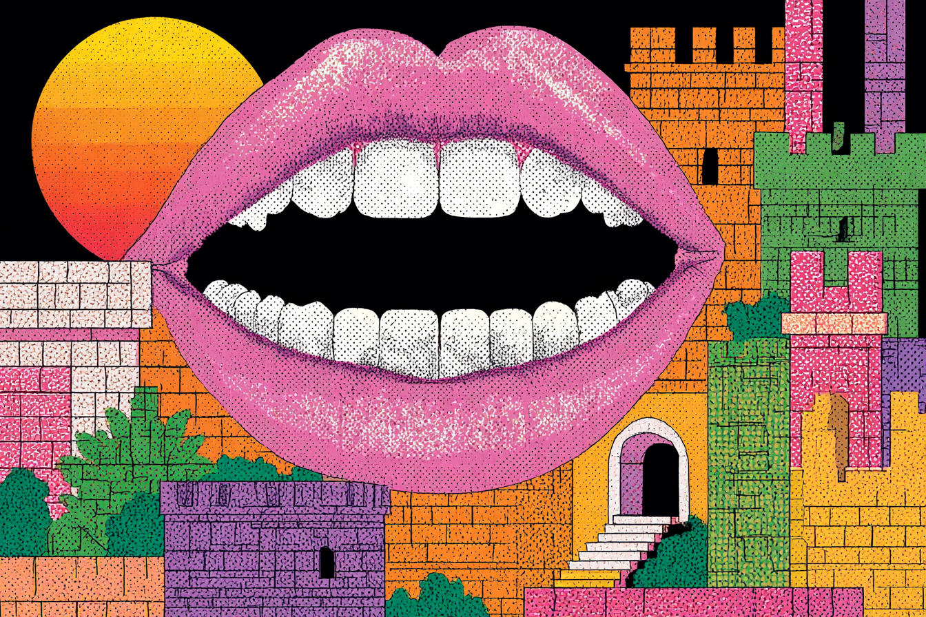 PopArt Vibrante Grafik Offener Mund Abstrakte Burgstrukturen Grosse Sonne | Pop Art | Stilrichtungen