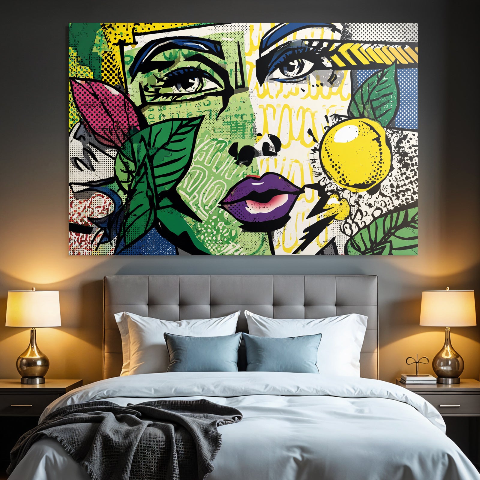 PopArt Vibrante Fraünillustration Mit Blättern Und Gelbem Obst