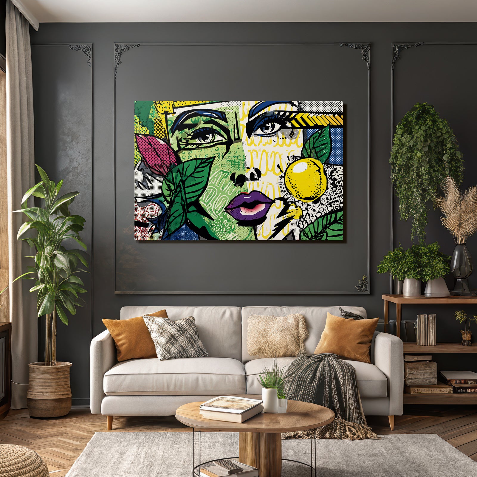 PopArt Vibrante Fraünillustration Mit Blättern Und Gelbem Obst