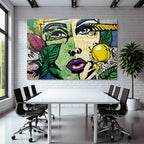 PopArt Vibrante Fraünillustration Mit Blättern Und Gelbem Obst