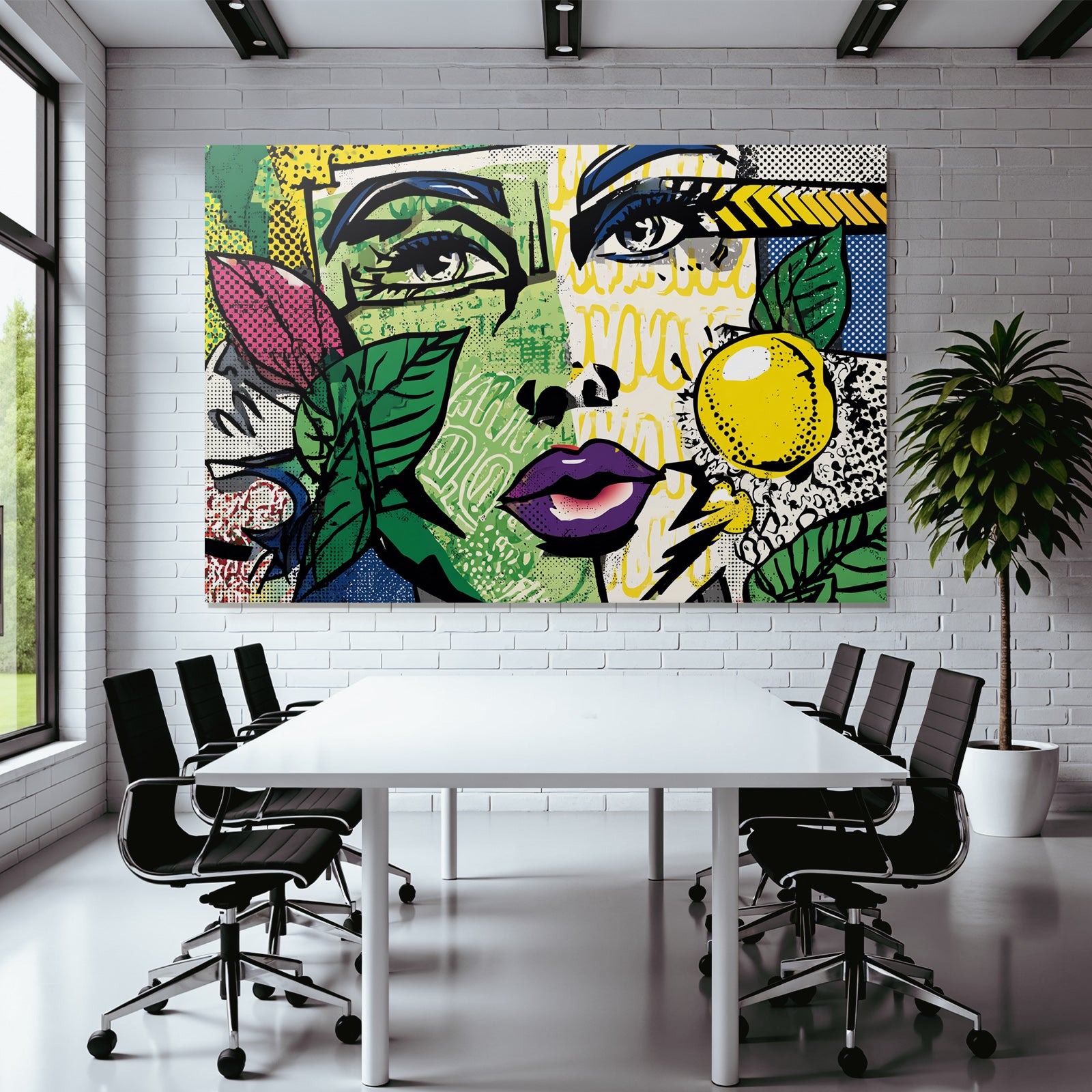 PopArt Vibrante Fraünillustration Mit Blättern Und Gelbem Obst