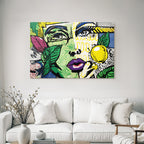 PopArt Vibrante Fraünillustration Mit Blättern Und Gelbem Obst