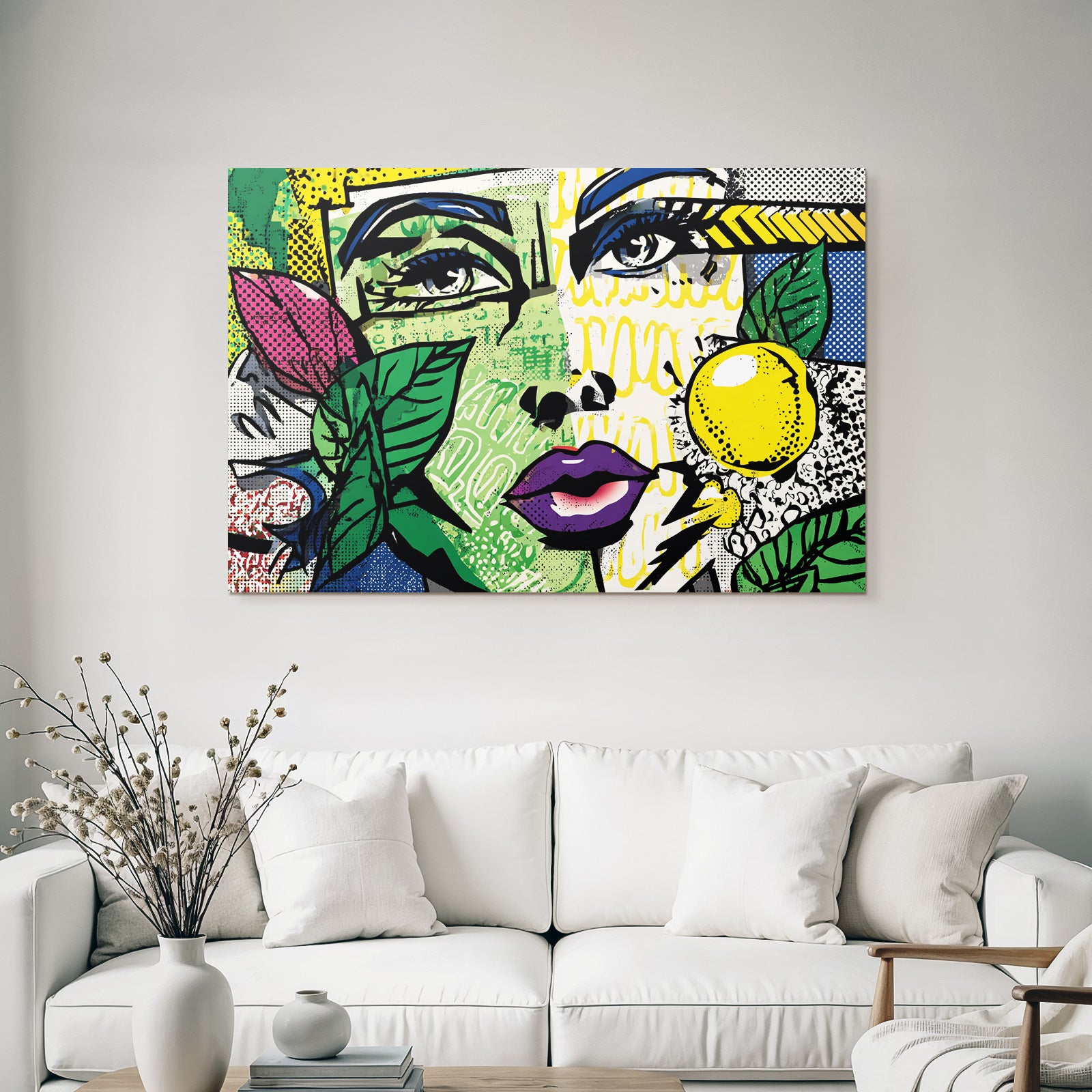 PopArt Vibrante Fraünillustration Mit Blättern Und Gelbem Obst
