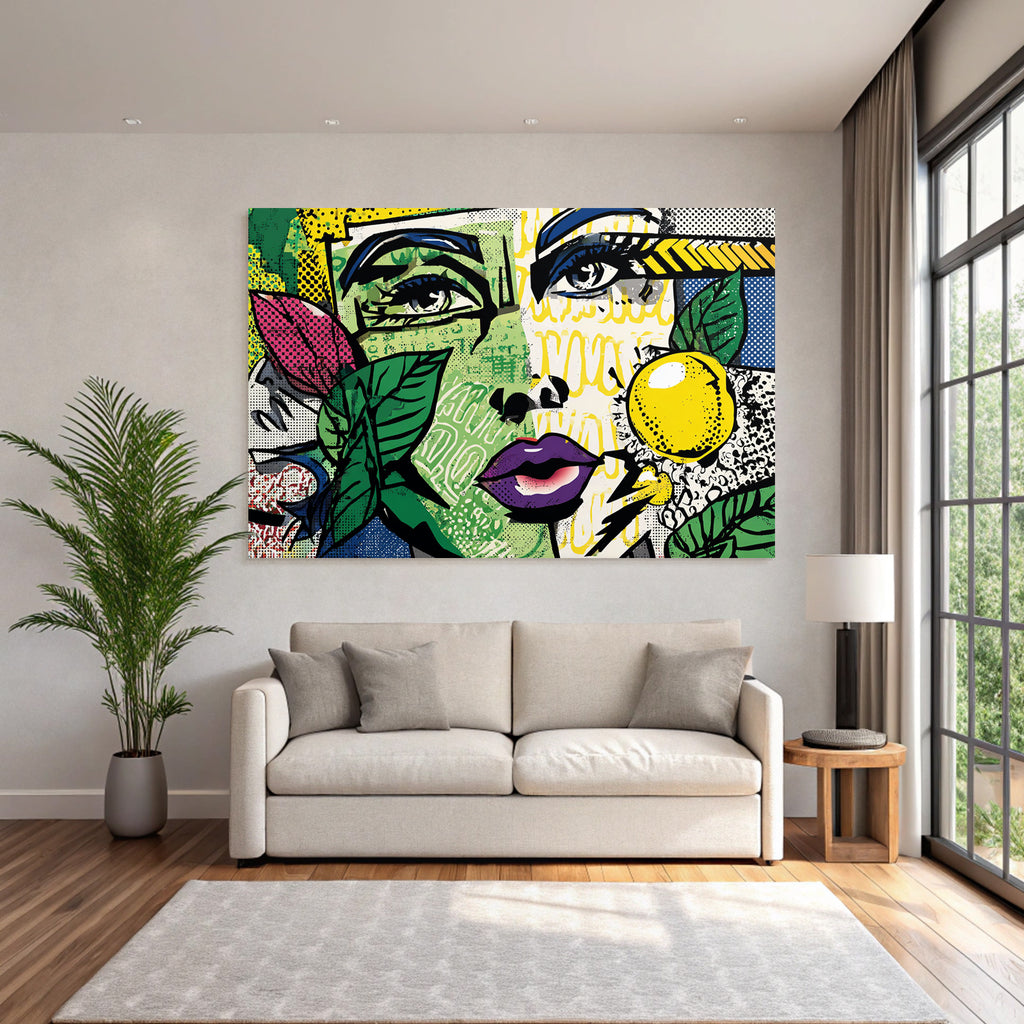 PopArt Vibrante Fraünillustration Mit Blättern Und Gelbem Obst