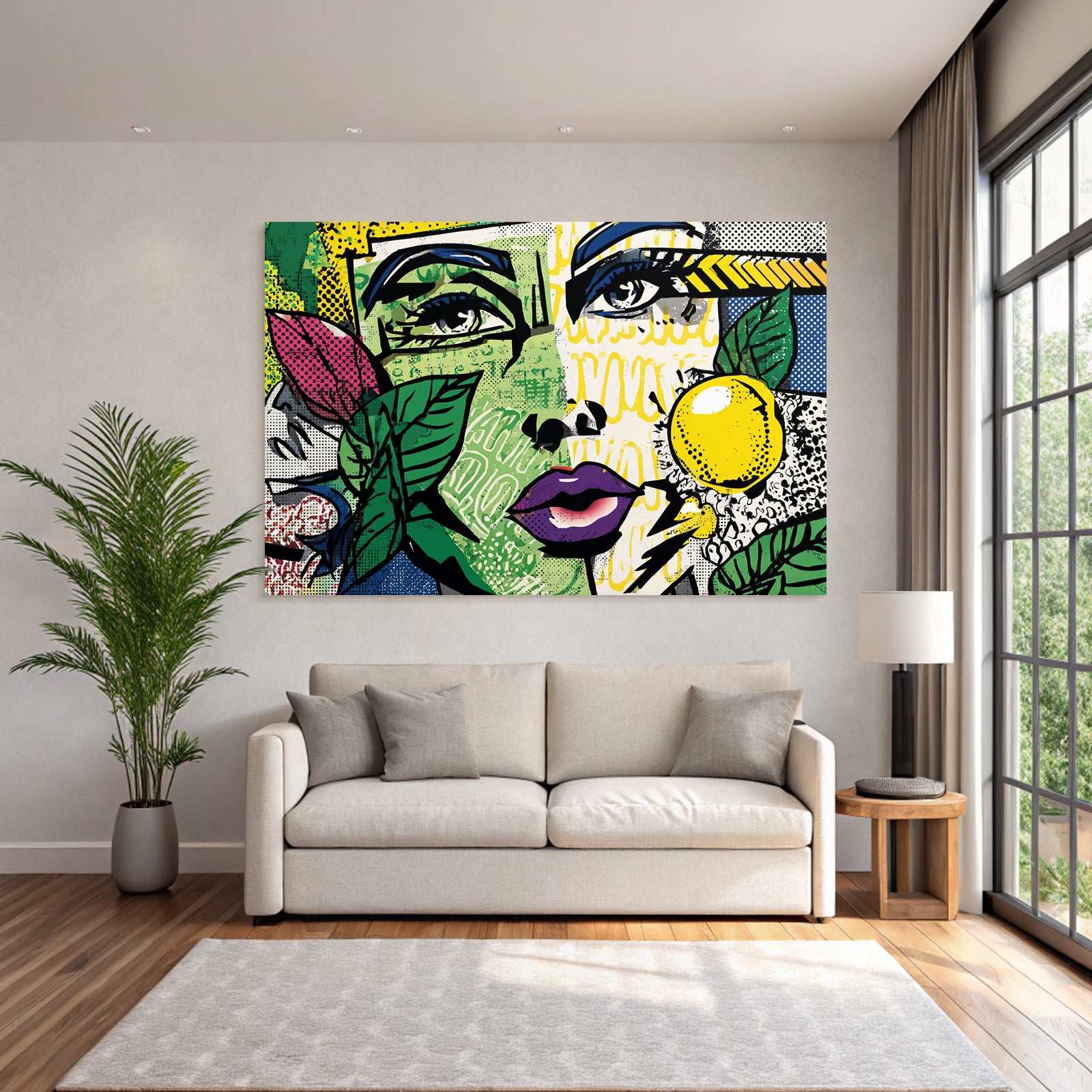 PopArt Vibrante Fraünillustration Mit Blättern Und Gelbem Obst