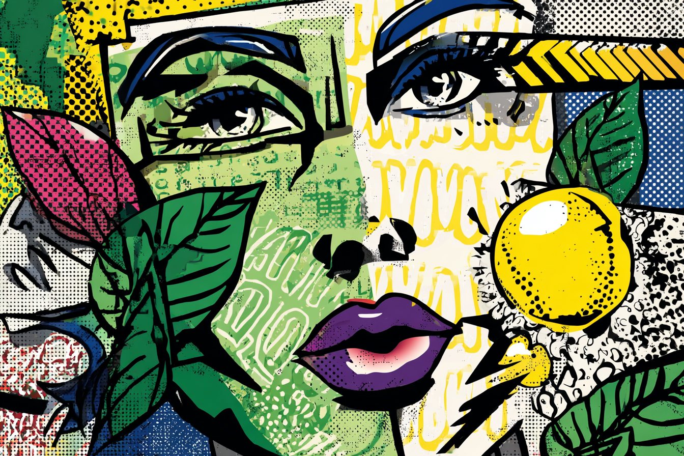 PopArt Vibrante Fraünillustration Mit Blättern Und Gelbem Obst | Pop Art | Stilrichtungen
