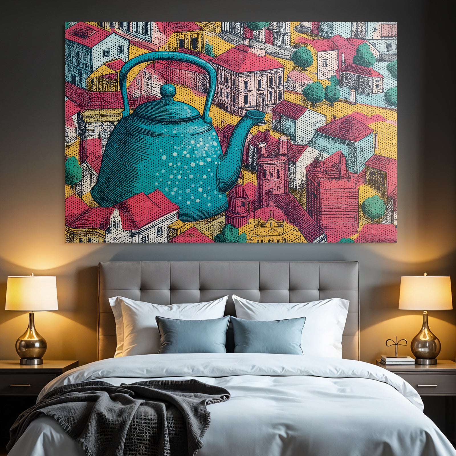 PopArt Gross Türkis Teekanne Vor Stadtlandschaft