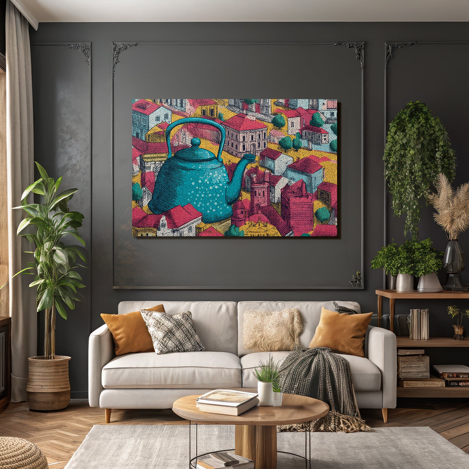 PopArt Gross Türkis Teekanne Vor Stadtlandschaft