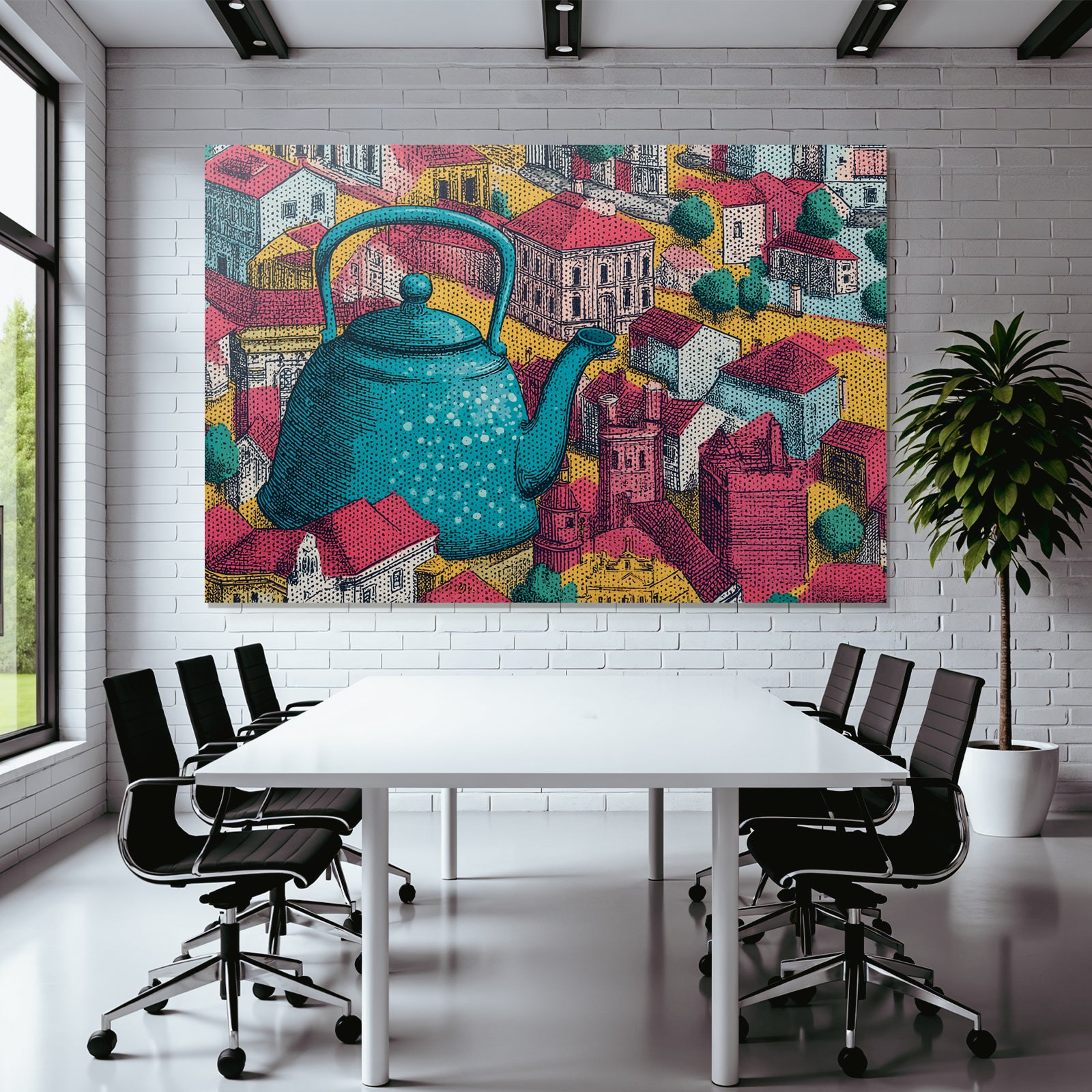 PopArt Gross Türkis Teekanne Vor Stadtlandschaft