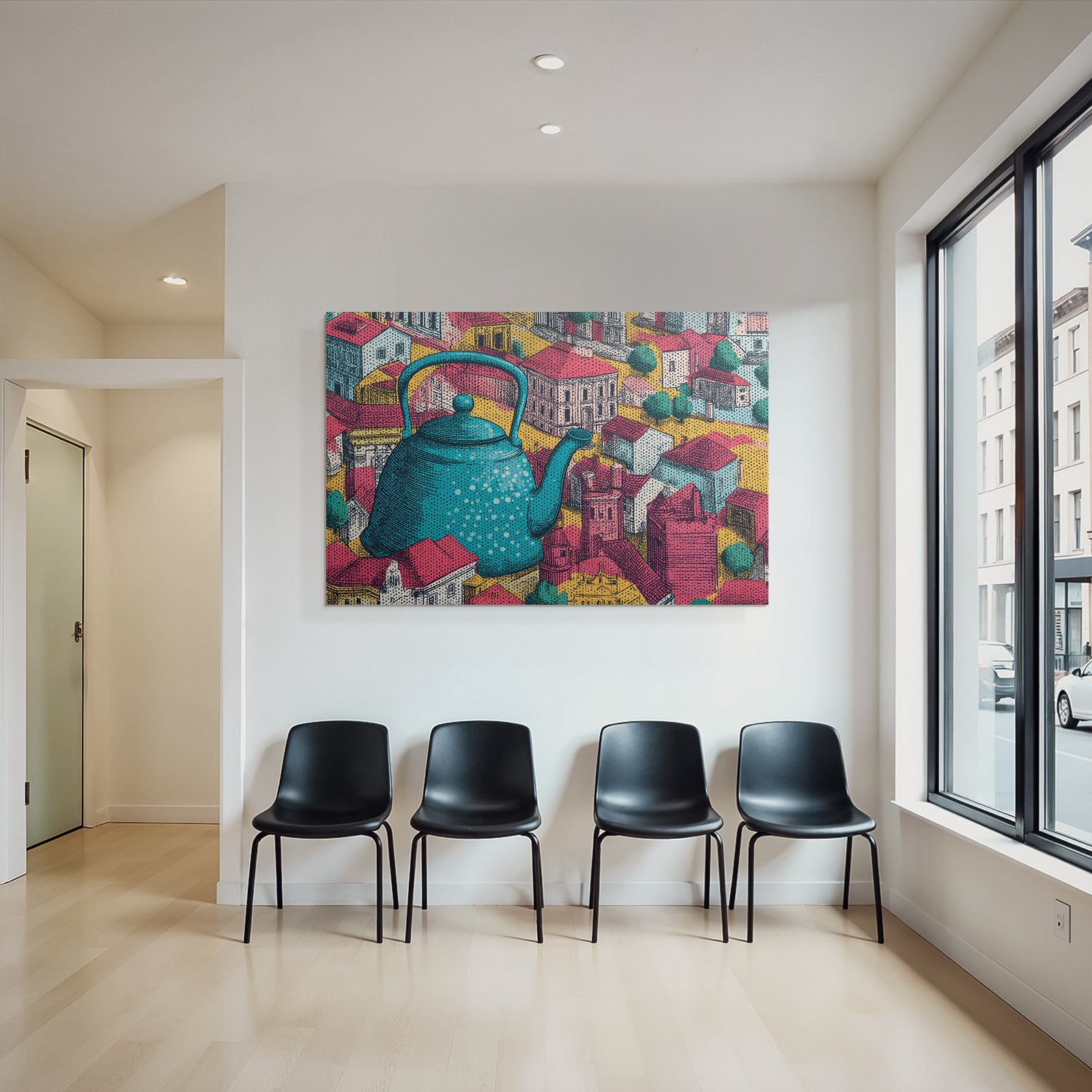 PopArt Gross Türkis Teekanne Vor Stadtlandschaft