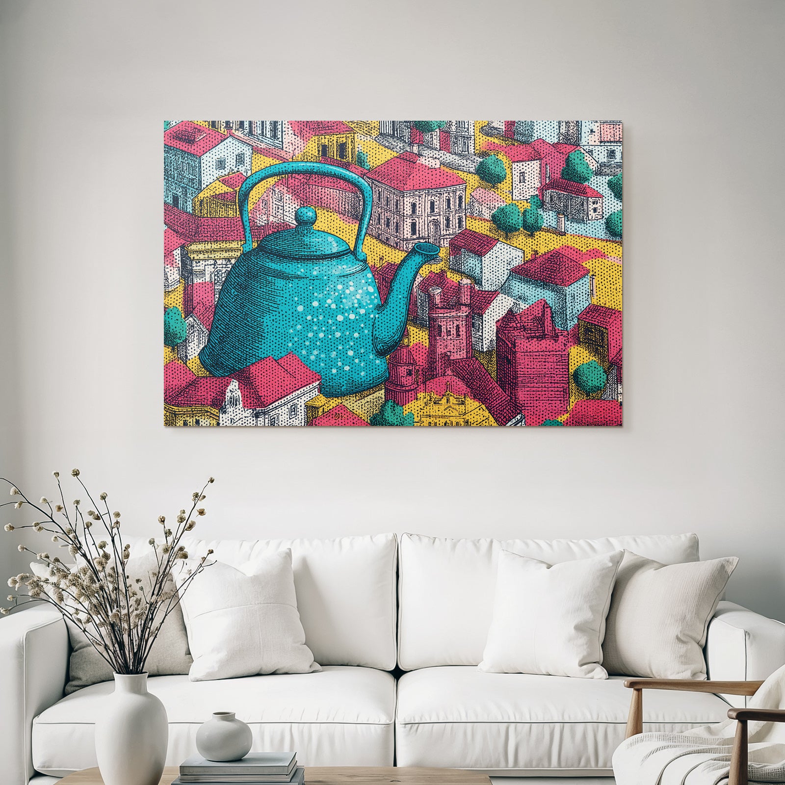 PopArt Gross Türkis Teekanne Vor Stadtlandschaft