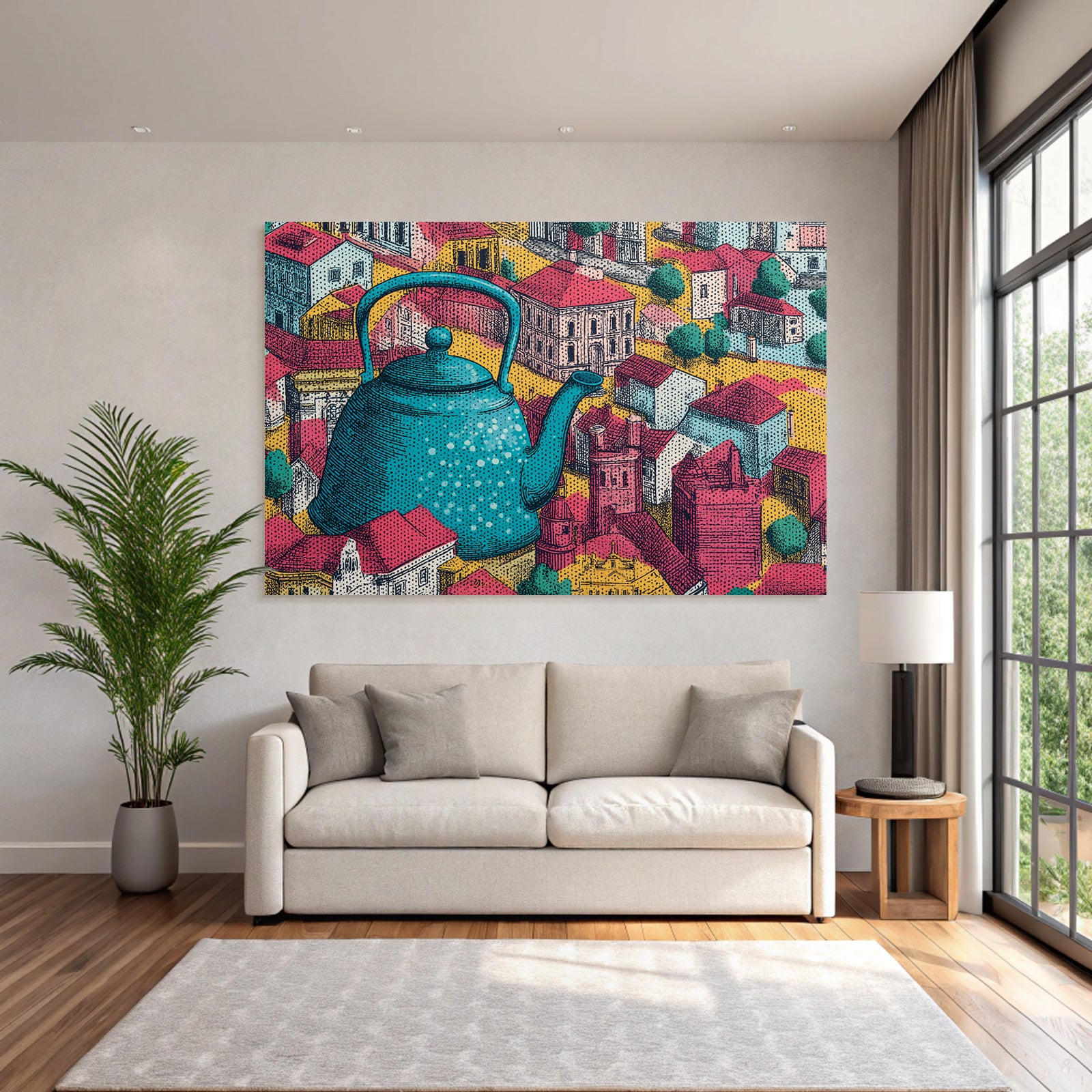 PopArt Gross Türkis Teekanne Vor Stadtlandschaft