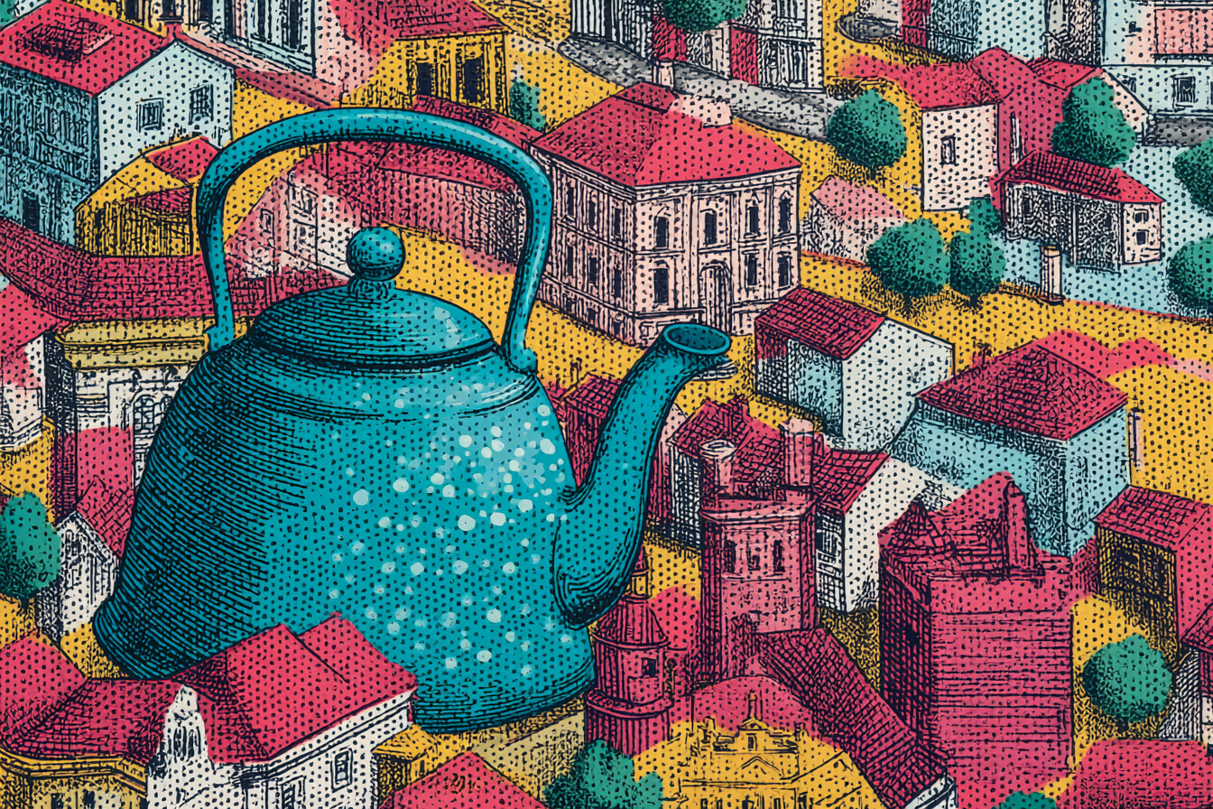 PopArt Gross Türkis Teekanne Vor Stadtlandschaft | Pop Art | Stilrichtungen