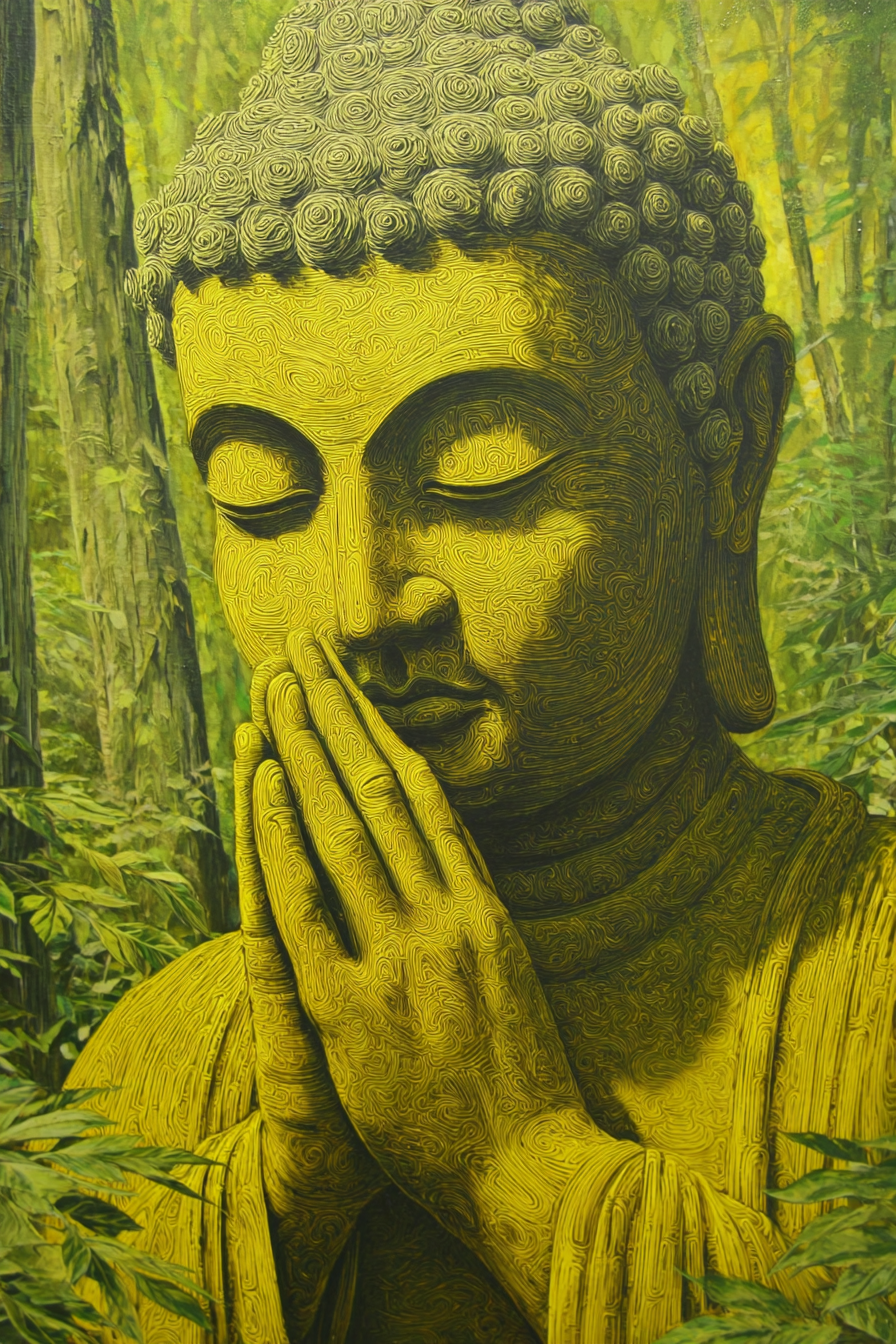 Buddha Im Gebet In Grüner Umgebung | Psychedelische Kunst | Stilrichtungen