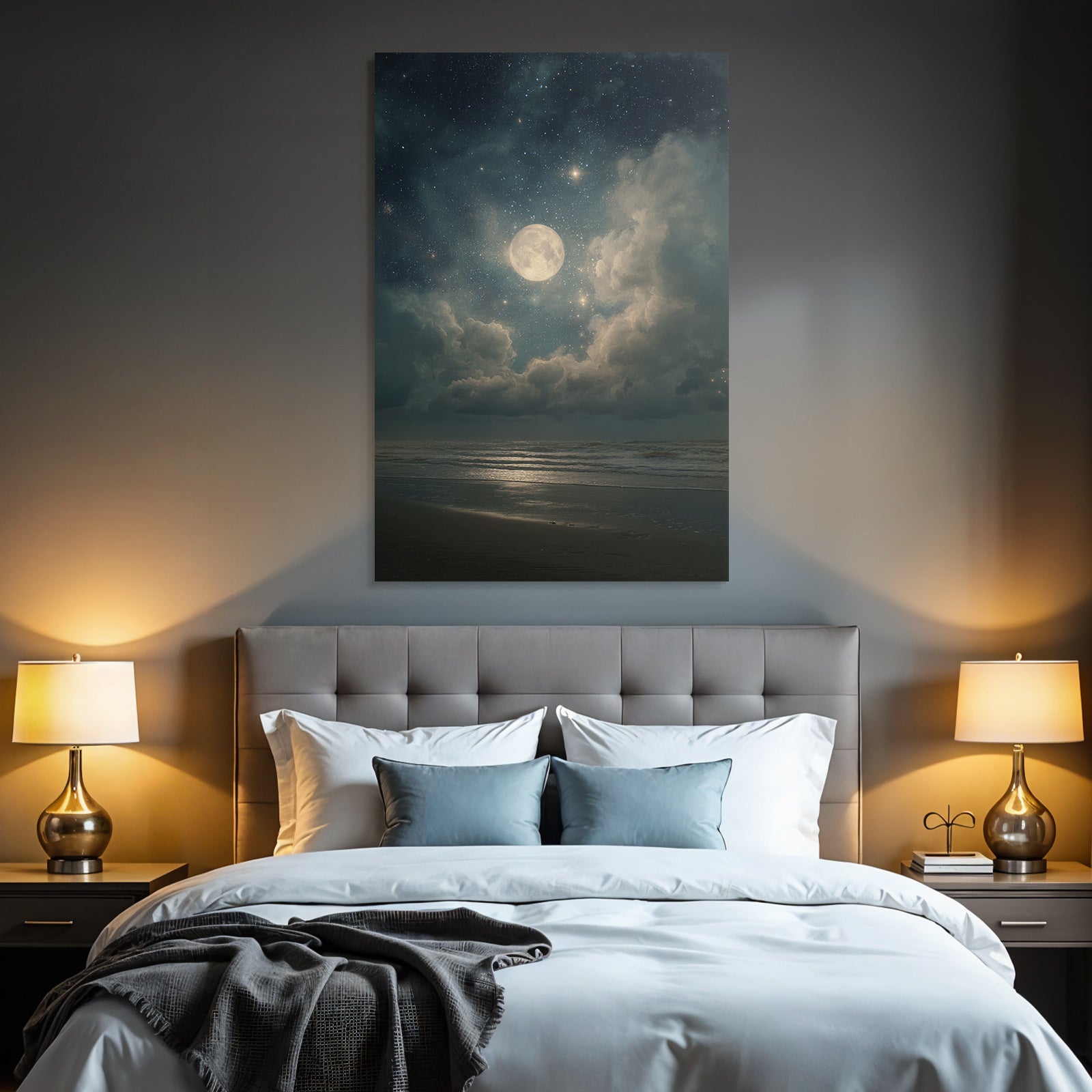 Friedliche Nacht Am Meer Mit Vollmond Und Sternenhimmel