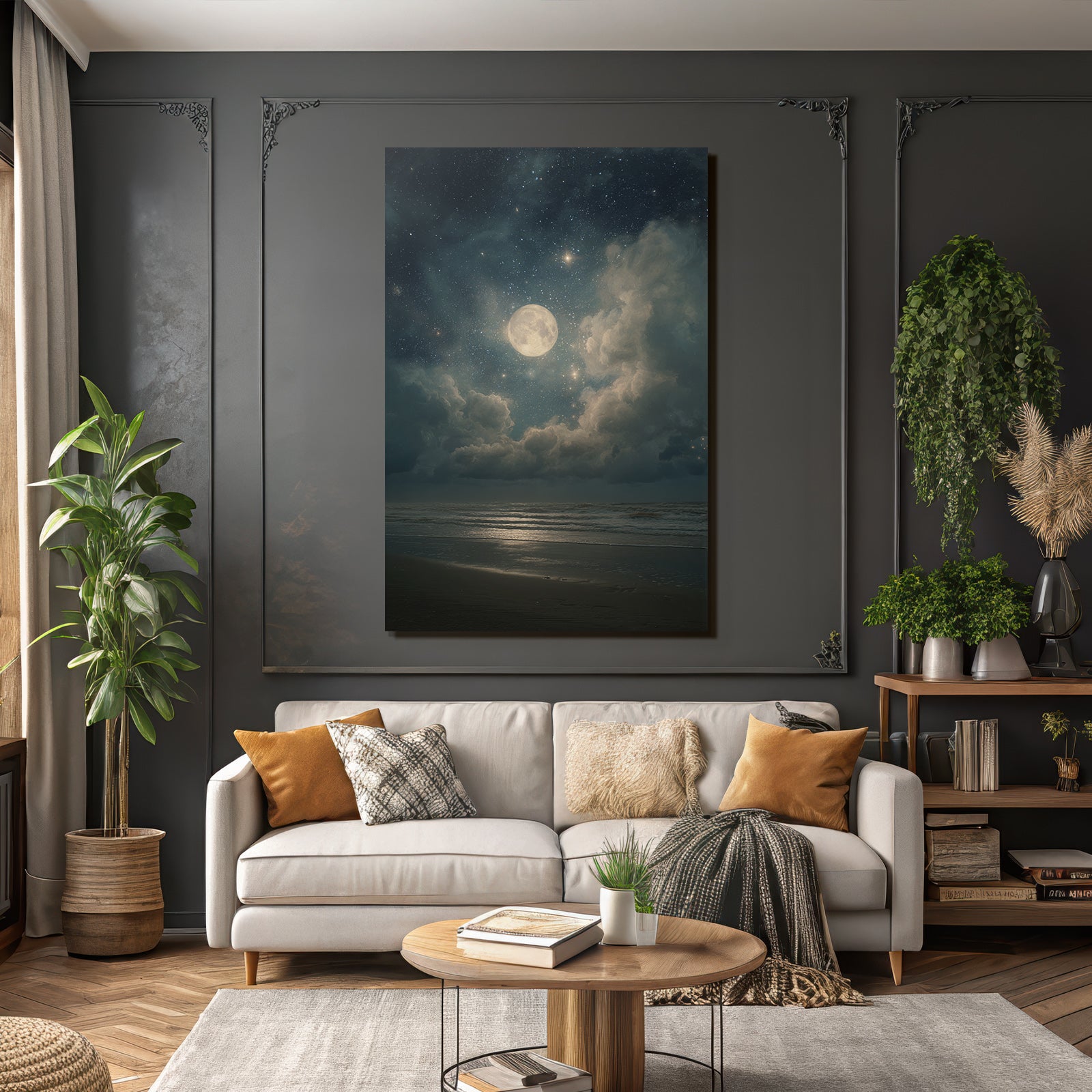 Friedliche Nacht Am Meer Mit Vollmond Und Sternenhimmel