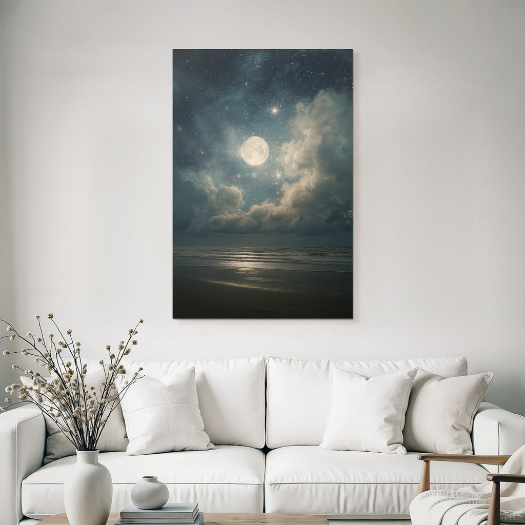 Friedliche Nacht Am Meer Mit Vollmond Und Sternenhimmel