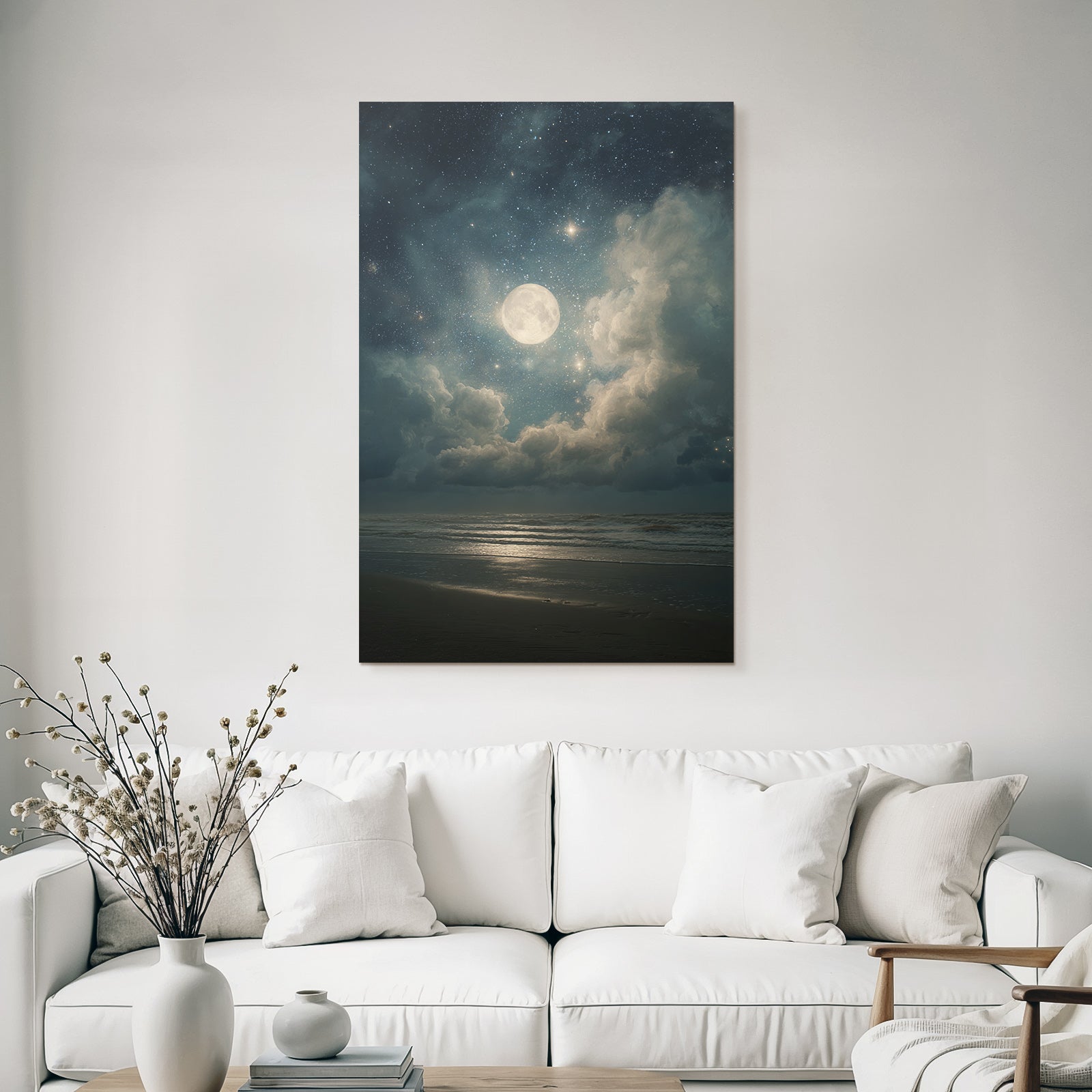 Friedliche Nacht Am Meer Mit Vollmond Und Sternenhimmel