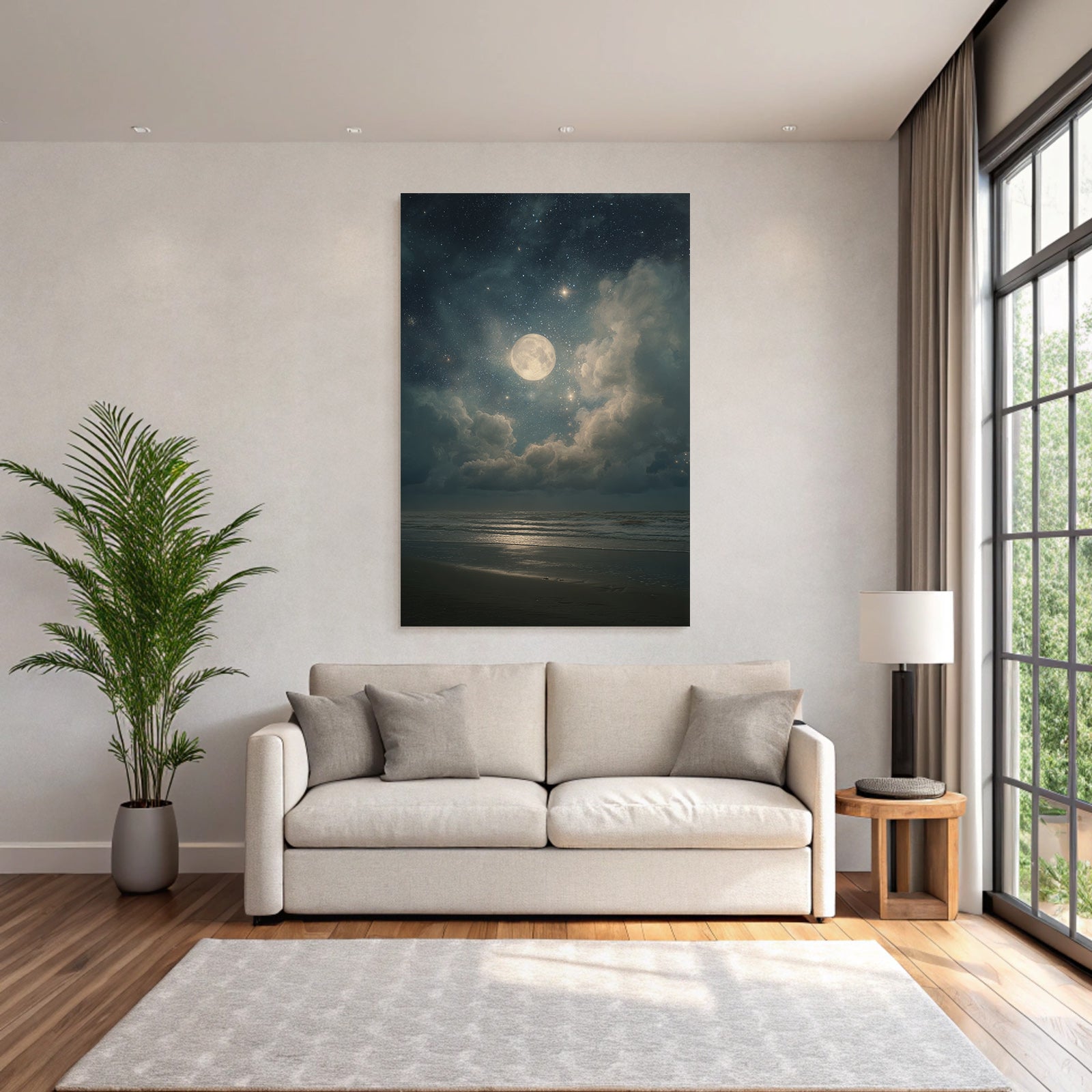 Friedliche Nacht Am Meer Mit Vollmond Und Sternenhimmel
