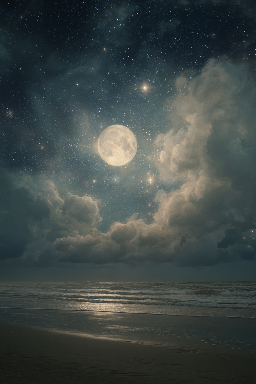 Friedliche Nacht Am Meer Mit Vollmond Und Sternenhimmel | Psychedelische Kunst | Stilrichtungen