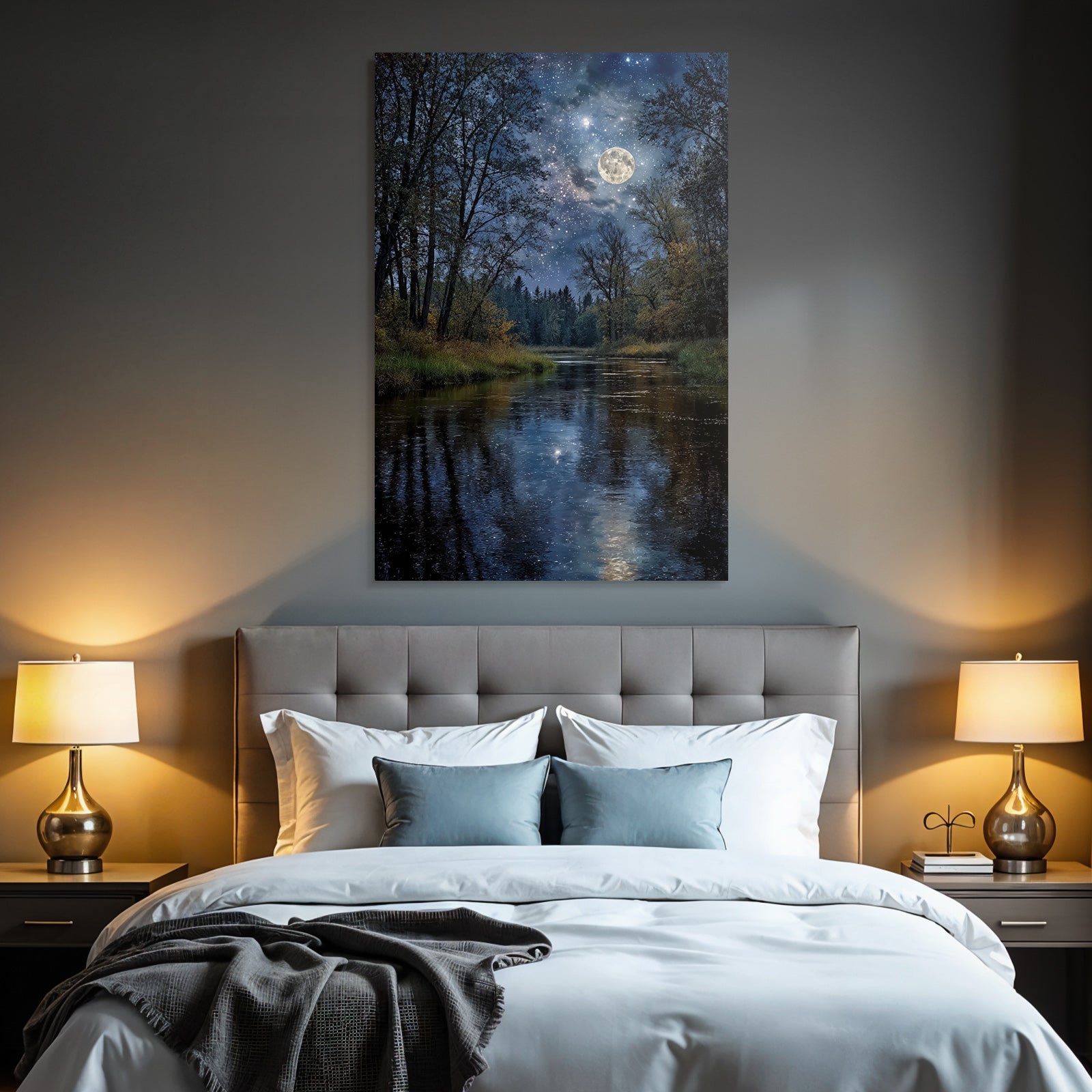 Friedliche Nachtlandschaft Mit Fluss Umgeben Von Baeumen Und Mondlicht