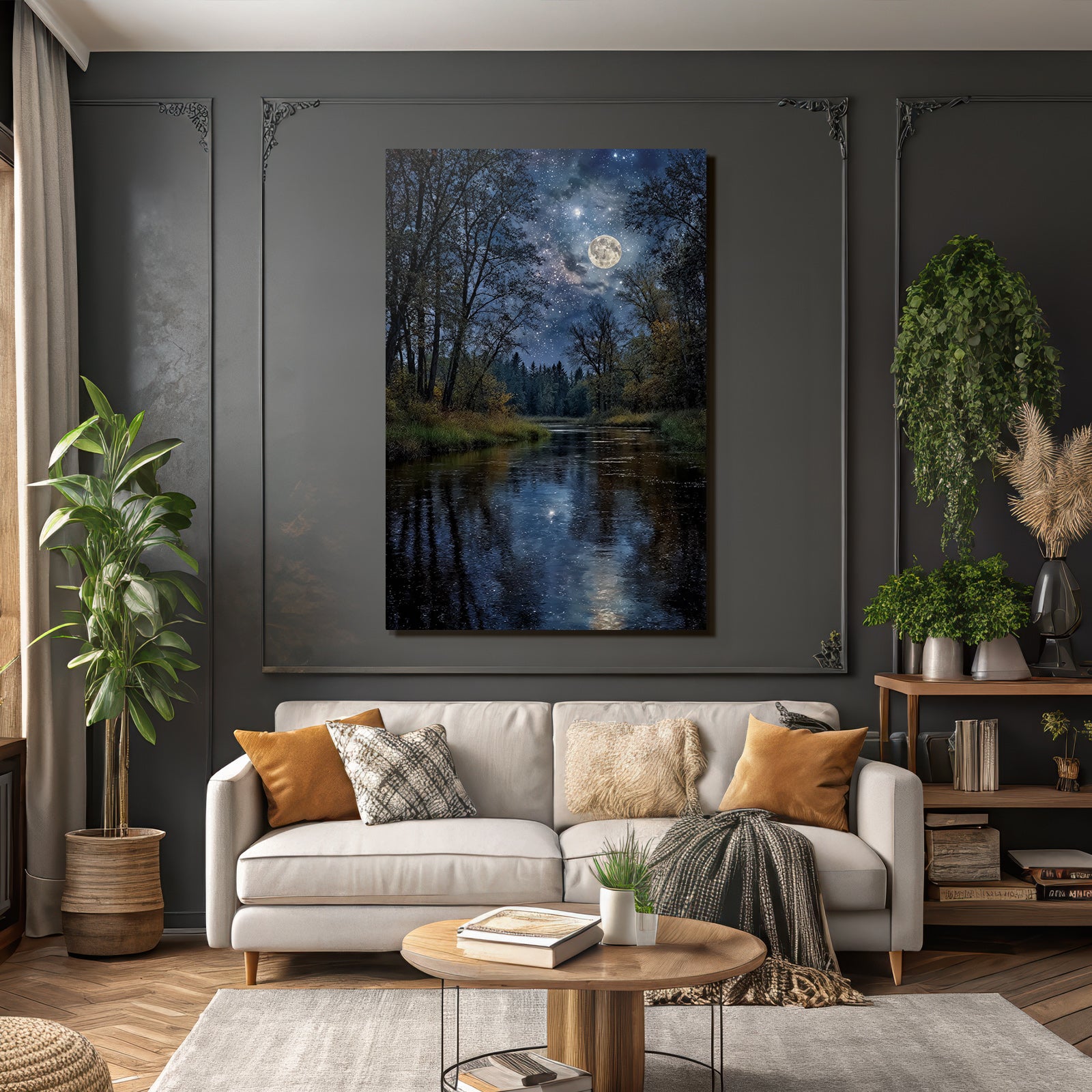 Friedliche Nachtlandschaft Mit Fluss Umgeben Von Baeumen Und Mondlicht