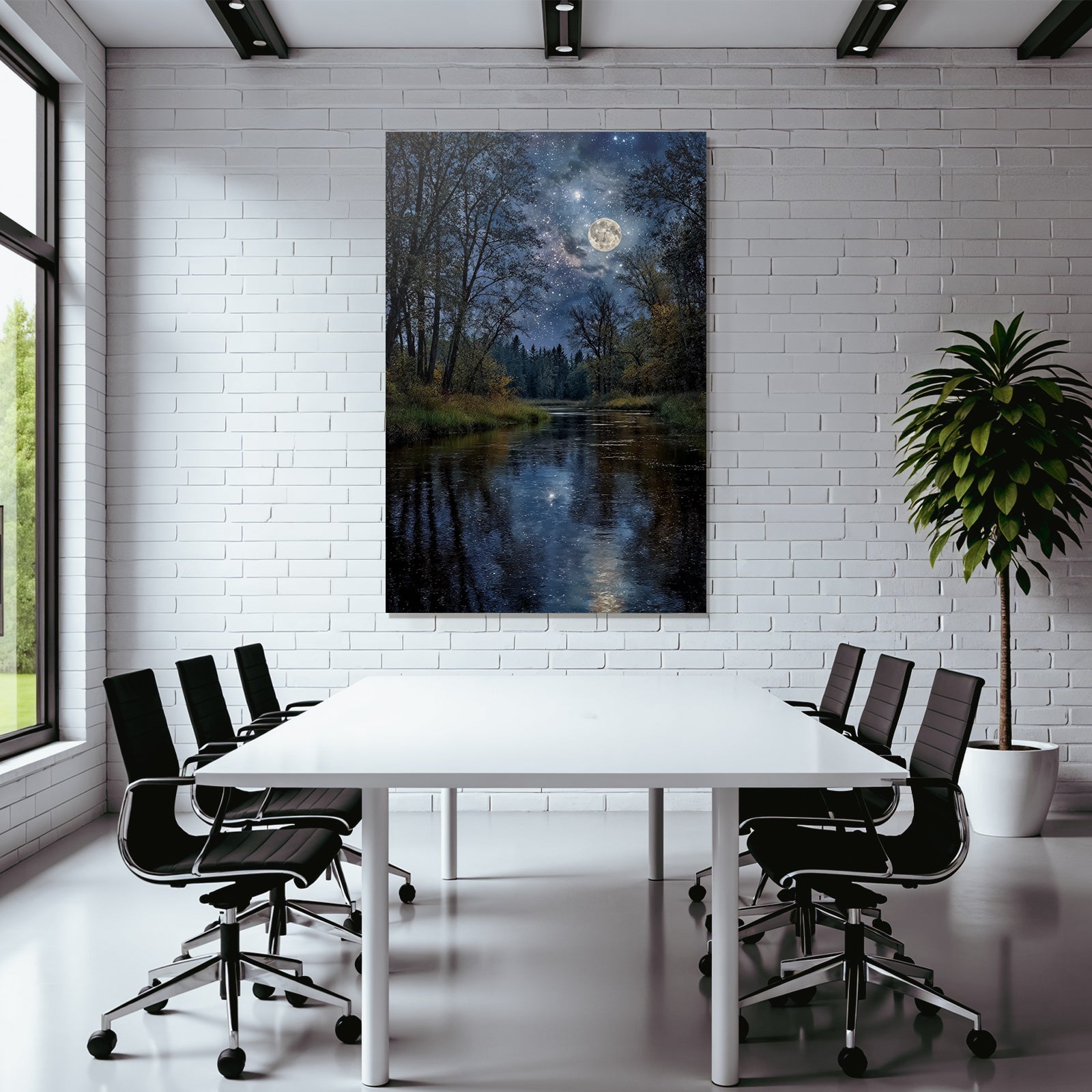 Friedliche Nachtlandschaft Mit Fluss Umgeben Von Baeumen Und Mondlicht