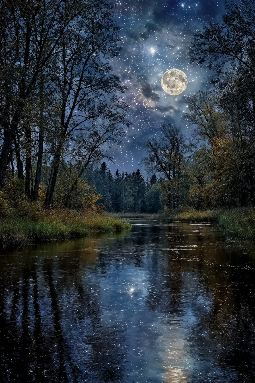 Friedliche Nachtlandschaft Mit Fluss Umgeben Von Baeumen Und Mondlicht | Psychedelische Kunst | Stilrichtungen