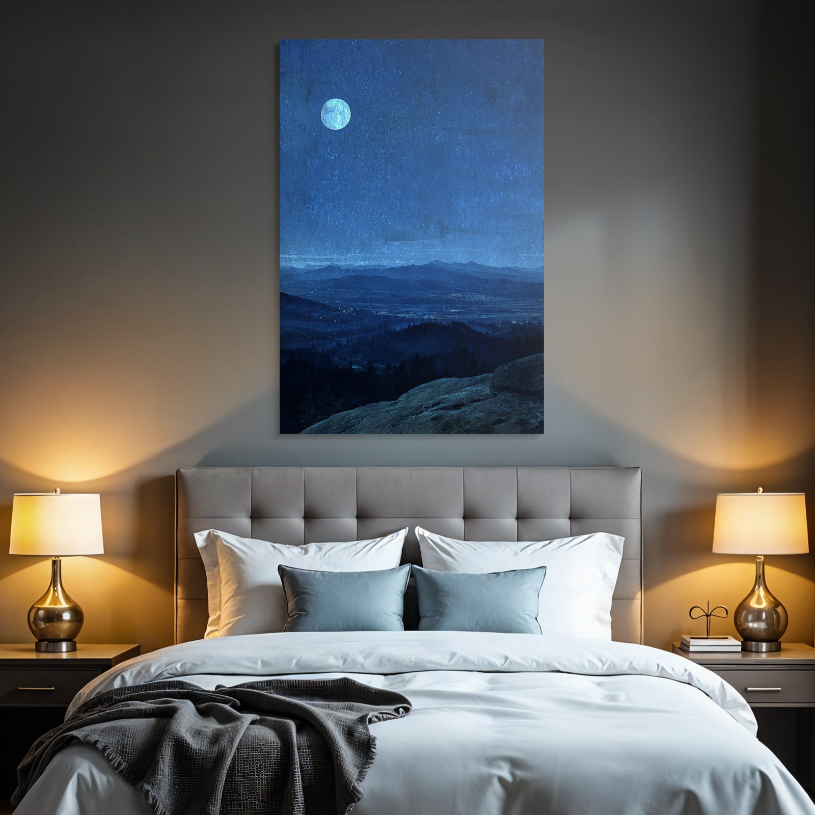 Friedliche Nachtlandschaft Mit Mond Im Sternenhimmel