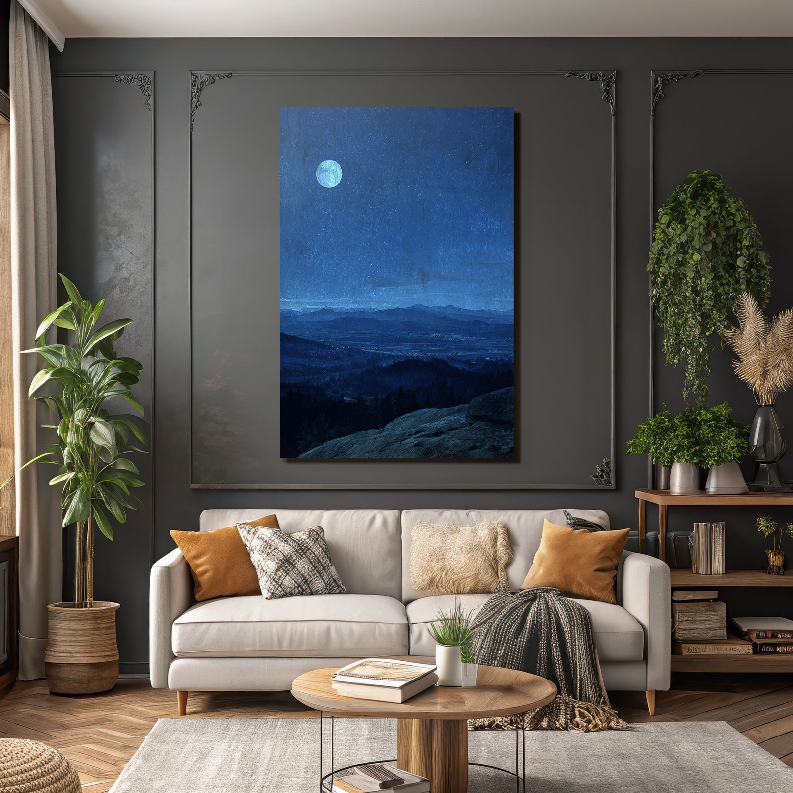 Friedliche Nachtlandschaft Mit Mond Im Sternenhimmel