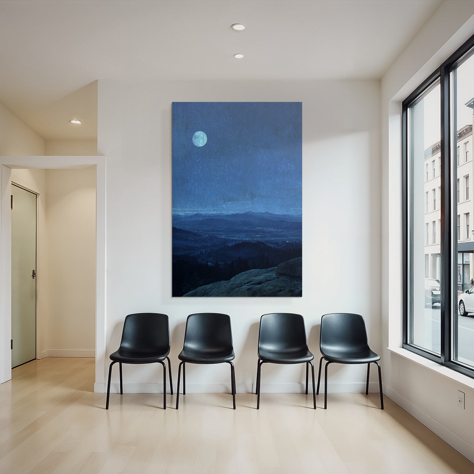 Friedliche Nachtlandschaft Mit Mond Im Sternenhimmel