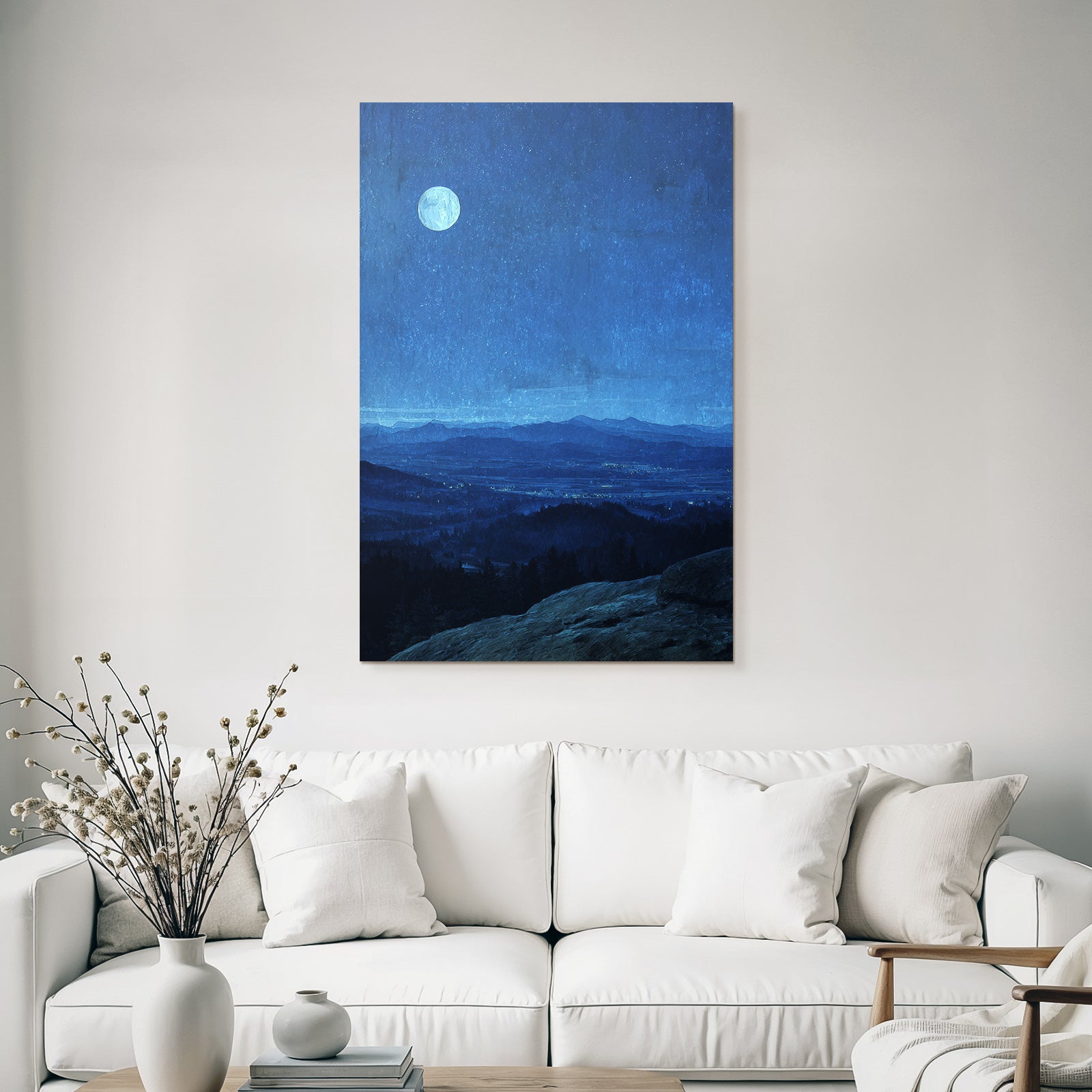 Friedliche Nachtlandschaft Mit Mond Im Sternenhimmel