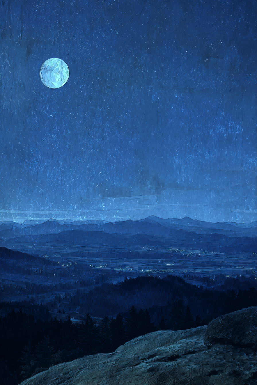 Friedliche Nachtlandschaft Mit Mond Im Sternenhimmel | Psychedelische Kunst | Stilrichtungen